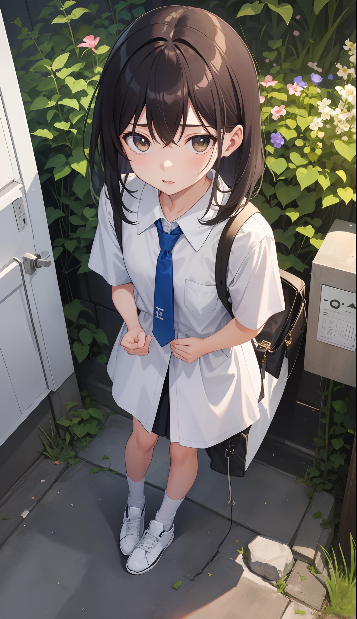 1girl in、AS-Adult、in a street、urinate、During urination、（small tits）、Upper body portrait、