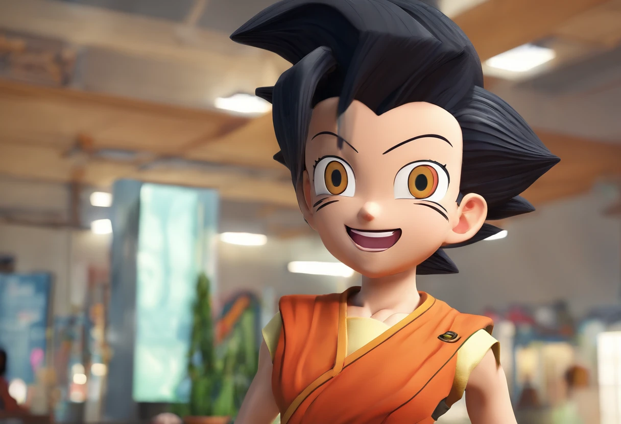 Videl de dragon ball z con el cabello color negro corto y
unos ojos color cafe con un traje de copo rojo que le llega asta las rodillas con unos tokones color negro de curpo entero y en el fondo esta una ciudad con edificios que le rebotan la luz del sol
