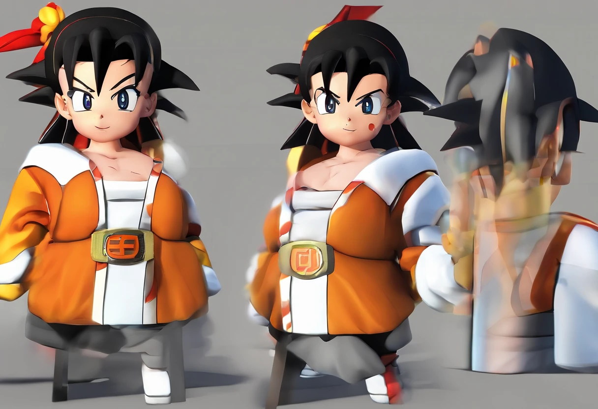 Videl de dragon ball z con el cabello color negro corto y
unos ojos color cafe con un traje de copo rojo que le llega asta las rodillas con unos tokones color negro de curpo entero y en el fondo esta una ciudad con edificios que le rebotan la luz del sol