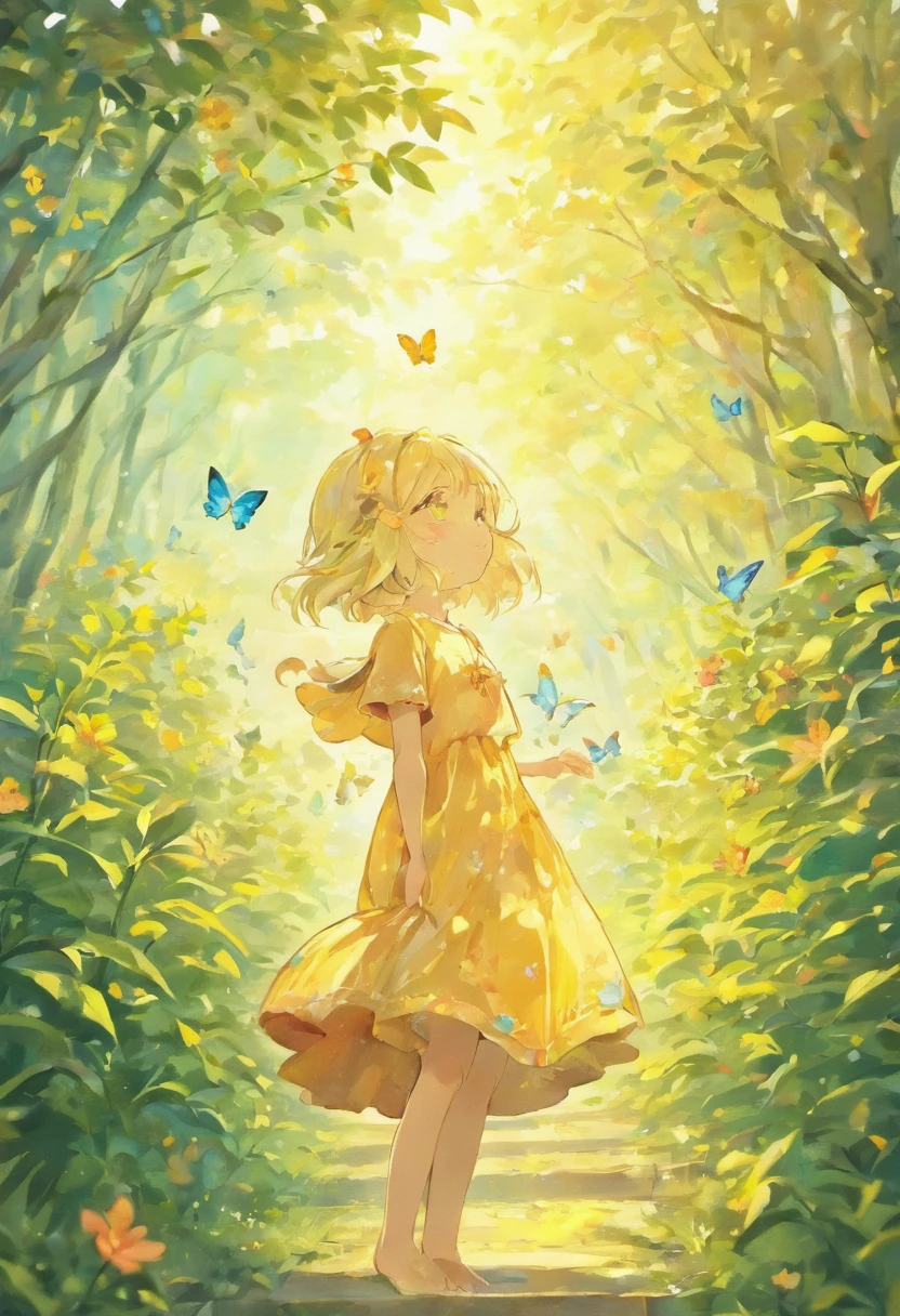 (Best quality,A high resolution),A girl watching a beautiful sunrise in a vibrant garden,Happy moments,Freedom,pure joy,inner peace,The warmth of the morning sun,The sun gently illuminates her face and hair,The breeze caressed her skin,flowers in full bloom,An explosion of colors and smells,Xiaocao scratched her bare feet,The toes are buried in soft soil,Playful butterflies dance around her,Leaves whispering in the trees,a peaceful and serene atmosphere,serenity and calm,A moment of self-care,Let go and embrace the moment,Find inner happiness,Inner strength and resilience,Embrace forgiveness and self-love,Reduce the burden,Remove the heart,Sparkling eyes filled with contentment,Simple pleasures in life,Lonely moments of happiness,Embrace imperfection and self-acceptance,A journey of self-discovery and growth.