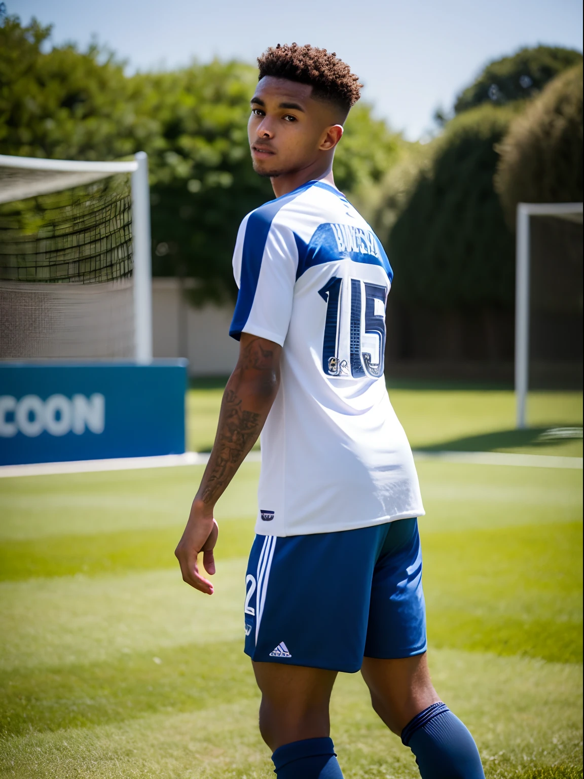 Create a soccer uniform where the predominant colors are white and navy blue. (It can be blue in stripes, degraded oh half of the uniform), that includes pink details