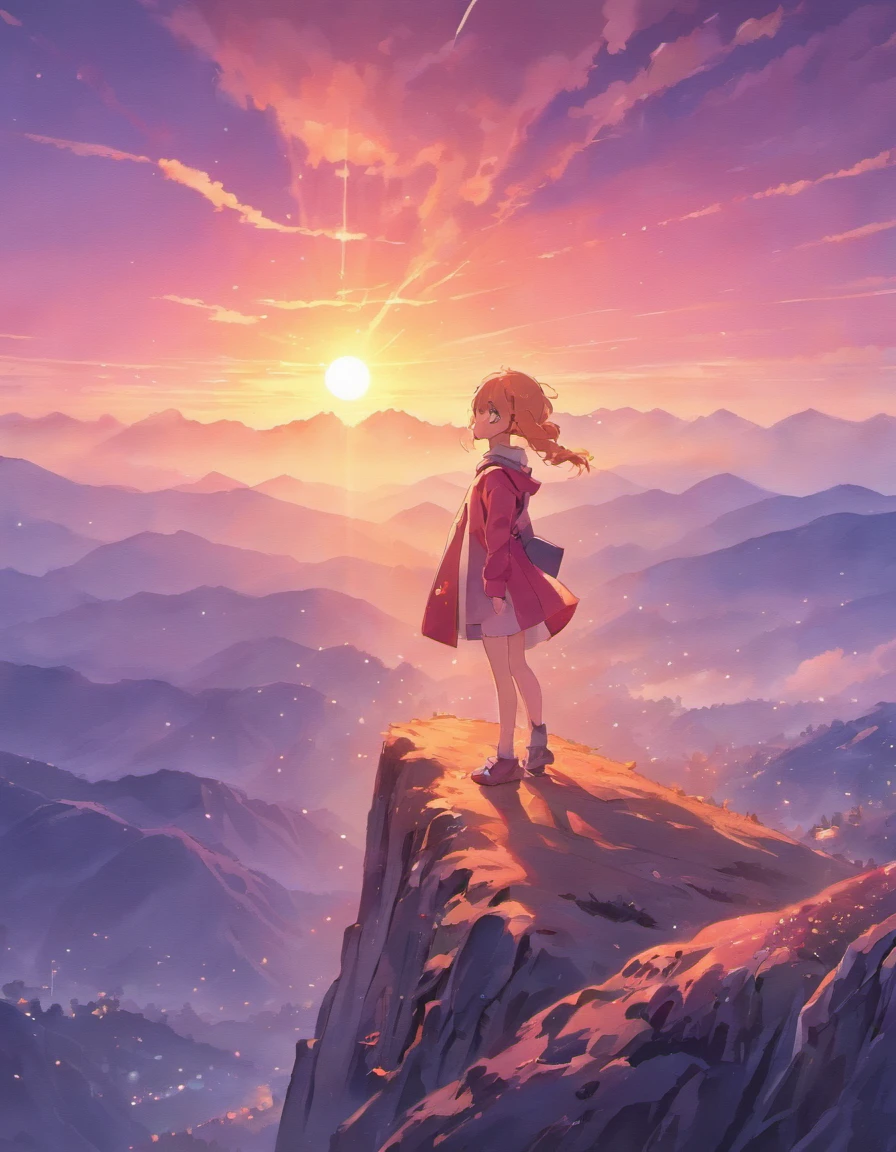 Imagine a sunset on a mountain, com os picos cobertos de neve brilhando sob a luz alaranjada do sol. The sky fills with shades of pink and orange, while the last light of day bathes the landscape with an aura of calm and serenity.