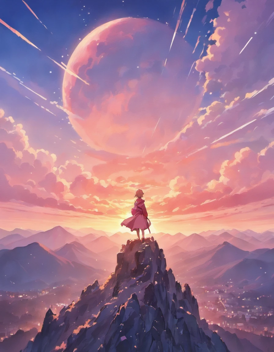 Imagine a sunset on a mountain, com os picos cobertos de neve brilhando sob a luz alaranjada do sol. The sky fills with shades of pink and orange, while the last light of day bathes the landscape with an aura of calm and serenity.