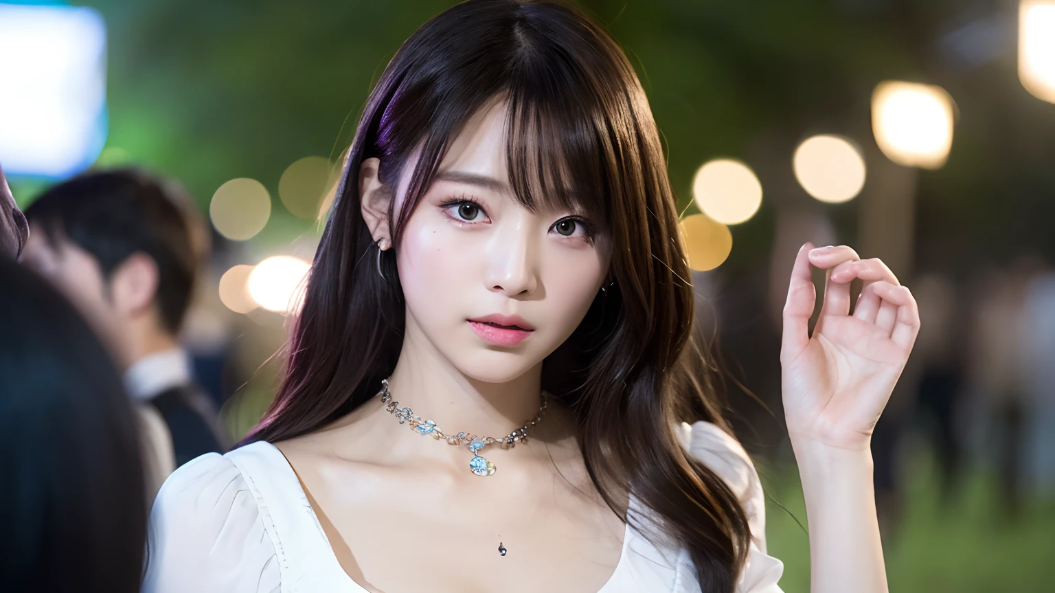 ( (8K:1.27)、top-quality、超A high resolution:1.2) Photo of a cute Japanese woman (Beautiful fece:1.1)、Beautuful Women、Beautiful breasts、Park at night dark、bangss、Straight long hair、Eye of the cut、lofty nose、Full body shooting、With a sad face、White bra、White pandy、Off、With a collar、Shackles on hands、Lay、Subject