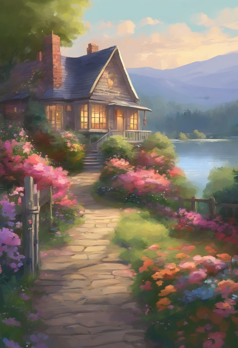 Painting of the cottage, Flowers by the fence, Fences along the road, Mountainous landscape with lake and boats, Plein air painting,Air painting,Impresionismo, inspired by Thomas Kinkade , detailed scenic view , style raw, 8 K ultra-detailed