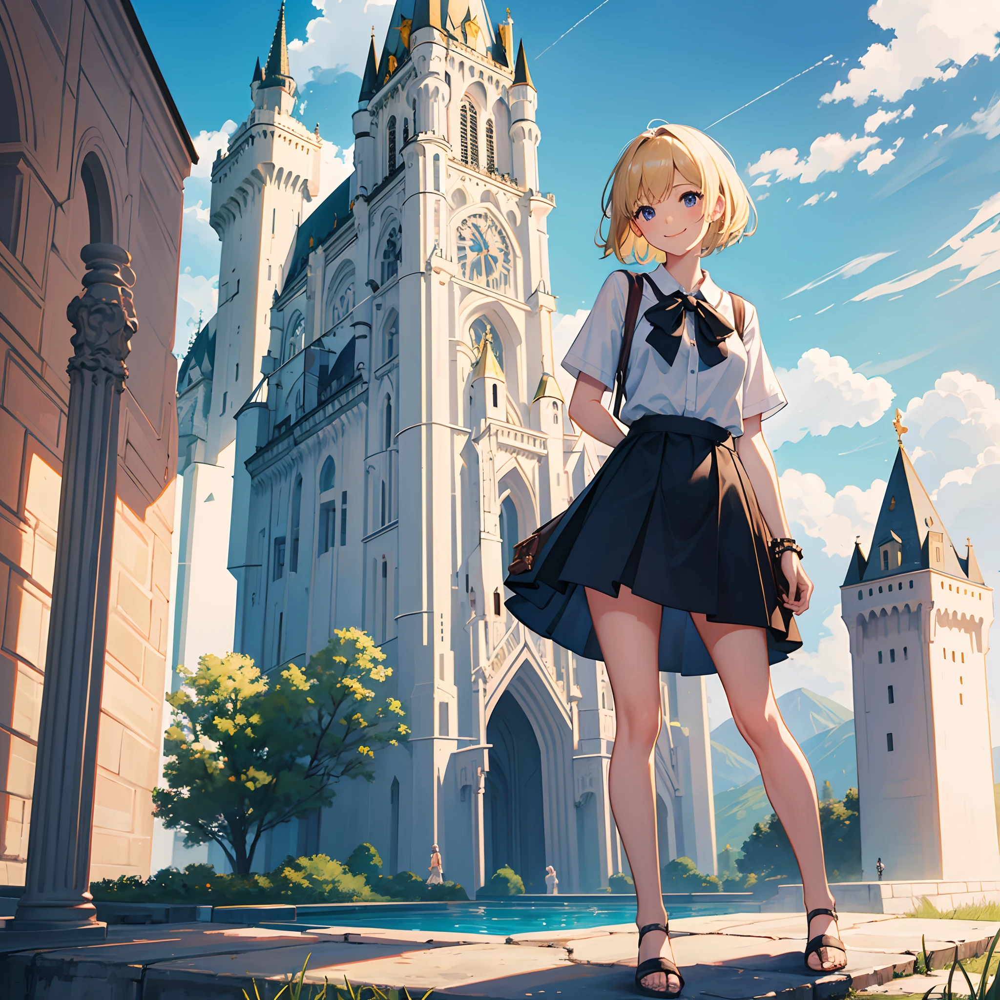 Masterpiece, 1 girl, smiling, european, skirt, (small) chillerism, short blonde hair, Neuschwanstein Castle, summer
