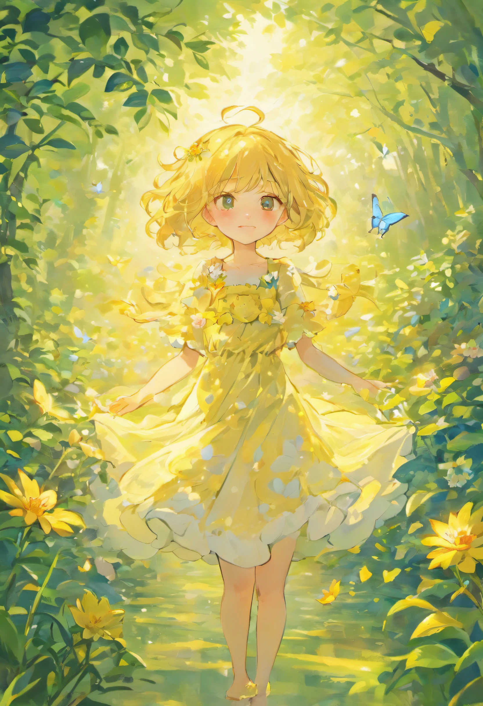 (Best quality,A high resolution),A girl watching a beautiful sunrise in a vibrant garden,Happy moments,Freedom,pure joy,inner peace,The warmth of the morning sun,The sun gently illuminates her face and hair,The breeze caressed her skin,flowers in full bloom,An explosion of colors and smells,Xiaocao scratched her bare feet,The toes are buried in soft soil,Playful butterflies dance around her,Leaves whispering in the trees,a peaceful and serene atmosphere,serenity and calm,A moment of self-care,Let go and embrace the moment,Find inner happiness,Inner strength and resilience,Embrace forgiveness and self-love,Reduce the burden,Remove the heart,Sparkling eyes filled with contentment,Simple pleasures in life,Lonely moments of happiness,Embrace imperfection and self-acceptance,A journey of self-discovery and growth.