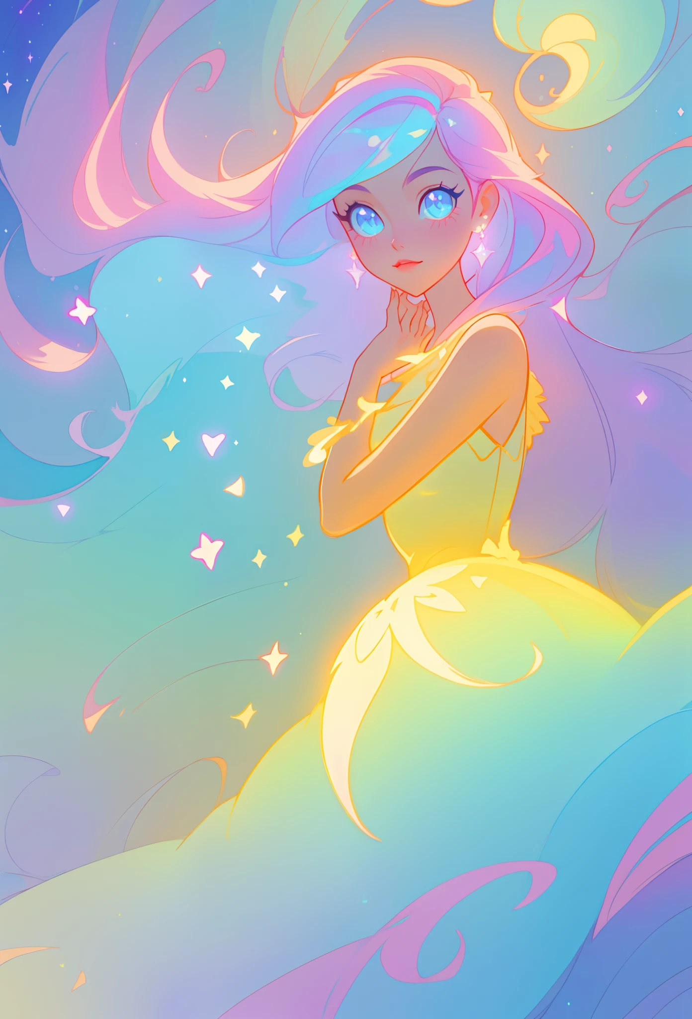 beautiful girl, puffy tiered ballgown, vibrant pastel colors, (colorful), glowing golden long hair, magical lights, sparkling magical liquid, inspired by Glen Keane, inspired by Lois van Baarle, disney art style, by Lois van Baarle, glowing aura around her, by Glen Keane, jen bartel, glowing lights! digital painting, flowing glowing hair, glowing flowing hair, beautiful digital illustration, fantasia background, whimsical, magical, fantasy, ((beautiful face)), ((masterpiece, best quality)), intricate details, highly detailed, sharp focus, 8k resolution, sparkling detailed eyes, liquid watercolor
