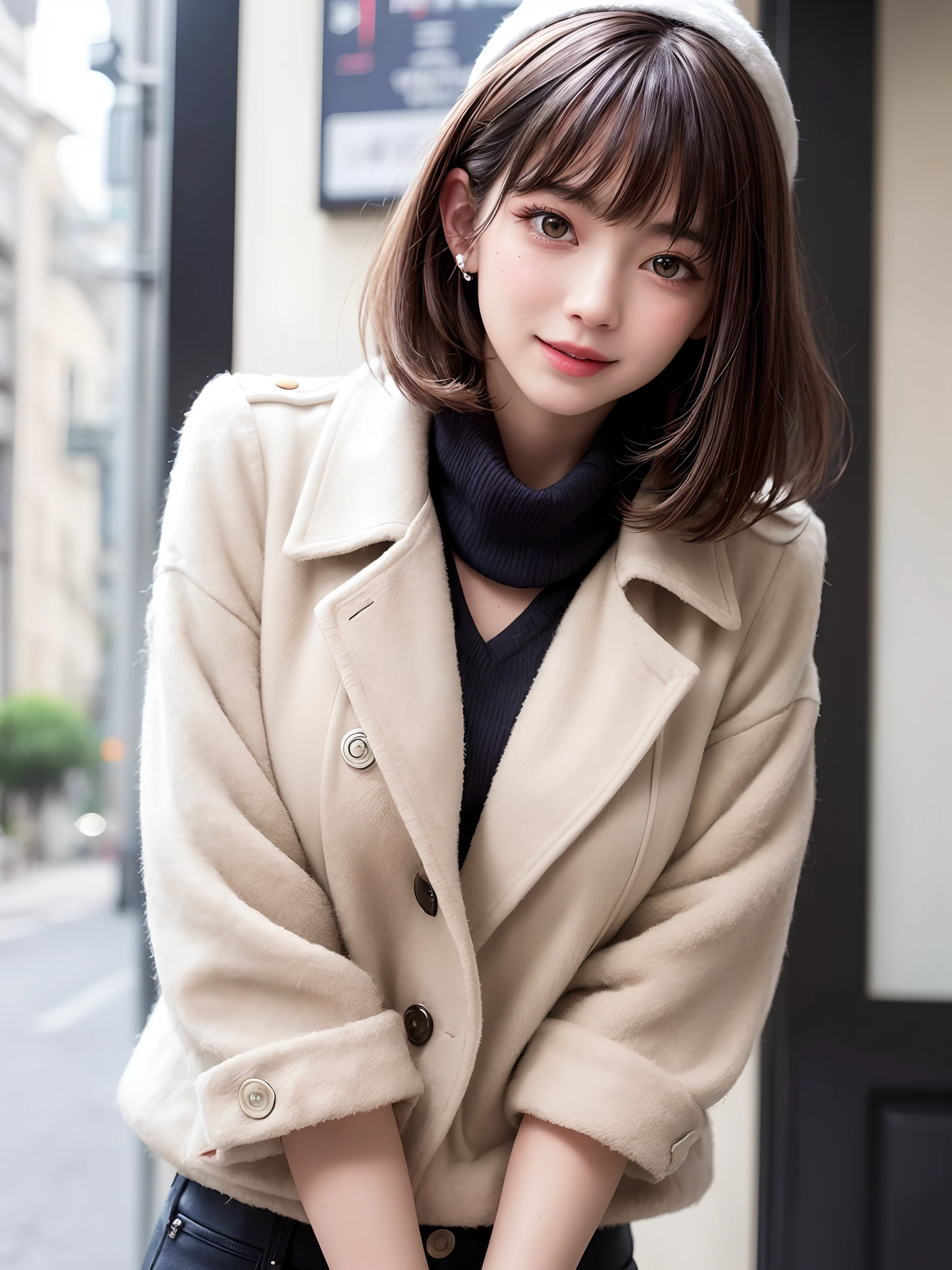 (masterpiece, top-quality、Very attractive adult beauty、Add intense highlights to the eyes),1girl in, 独奏, A dark-haired, scarf, Hats,, realisitic, looking at the viewers, black eyes of light color, shorth hair, coat, Winter clothes, White headscarf, s lips, lipgloss,bangss, The upper part of the body、big eye、Lashes)、((Road system in Italy))、((Shorthair with bangs、big eye、Put very strong highlights in your students、very Bigger breasts、gazing at viewer、Very beautiful beauty、Put your ears out、long neck、little smiling、Beautiful teeth、Open your mouth and smile))、28 year old、Very cute supermodel