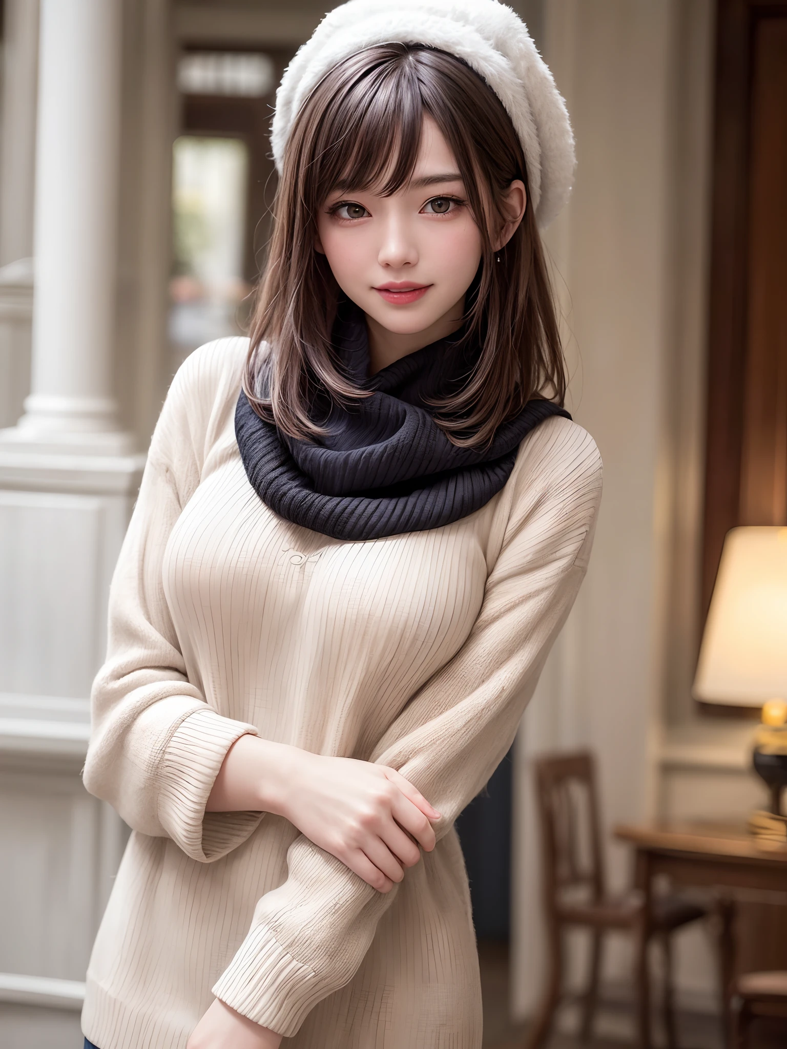 (​masterpiece, top-quality、Very attractive adult beauty、Add intense highlights to the eyes),1girl in, 独奏, A dark-haired, scarf, Hats,, realisitic, looking at the viewers, black eyes of light color, shorth hair, coat, Winter clothes, White headscarf, s lips, lipgloss，bangss, The upper part of the body、big eye、Lashes)、((Road system in Italy))、((Shorthair with bangs、big eye、Put very strong highlights in your students、very Bigger breasts、gazing at viewer、Very beautiful beauty、Put your ears out、long neck、little smiling、Beautiful teeth、Open your mouth and smile))、28 year old、Very cute supermodel