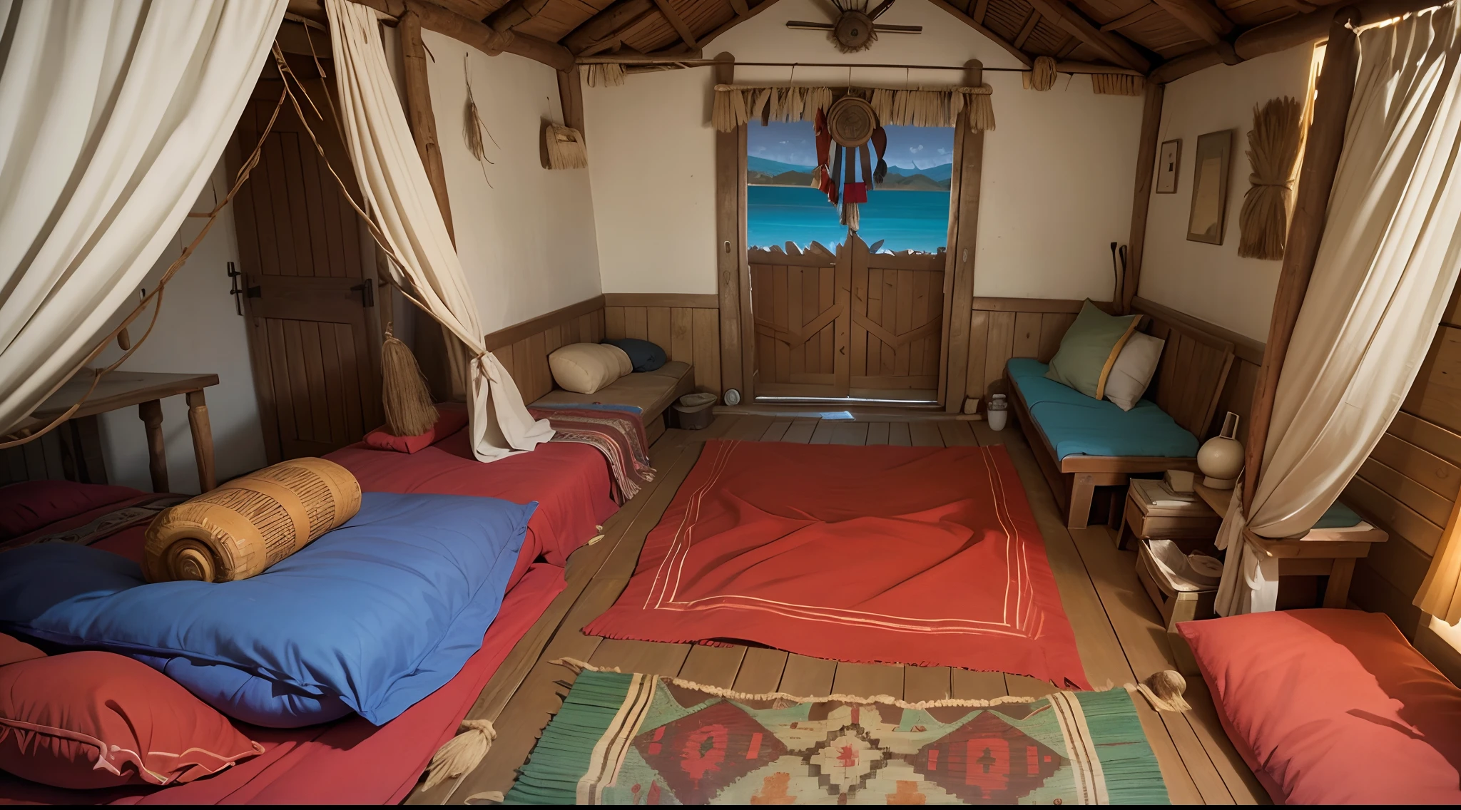 interior view of native amerindian Chieftain's hut, America, New world, daytime, either Arawak or Taino or Caribbean or Central American style, caribbean trunk, stones, background is grassland and mountain of ANTILLES ISLANDS, 15th century, ancient, barbarian, primitive culture, grass roof, grass wall, no man no girl ,no woman, no boy, no people, no human ,wallpaper
