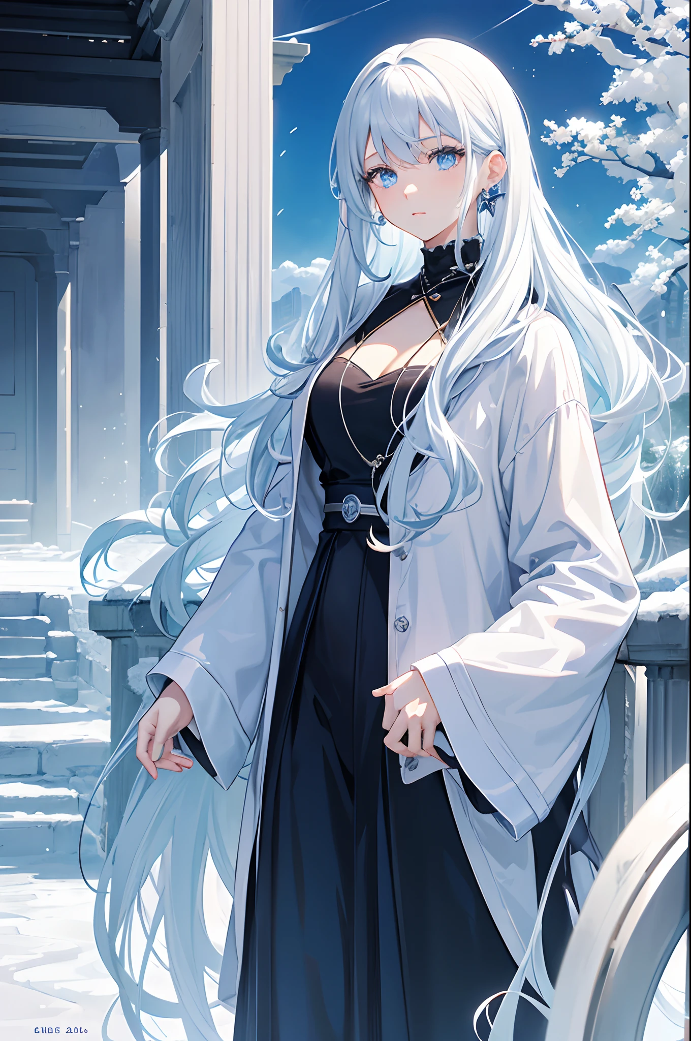 Cover magazine. Anime. Solo. 1-woman. Adult women. A beauty woman with long white hair. Her eyes were light blue. She in modern style. Casual clothes. Fantasy theme. Unusual hairstyle. There are accessories on her clothes. Future theme. Model. Ice theme. Ice.