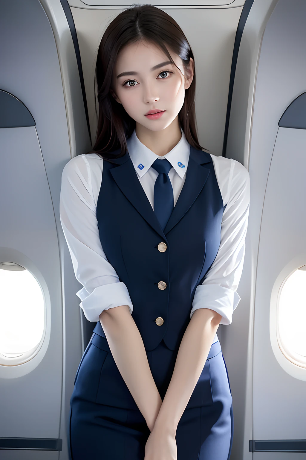 Top Quality, Masterpiece, 8K, Ultra High Definition, (Photorealistic: 1.4), 1 Girl, Beautiful Face, Symmetrical Eyes, Big, Perfect Body Proportions, Stewardess Uniform, Viewer's Look, (Inside the Airplane: 1.2), Front View, Shoulder Jump, Absolute Area (1.3),