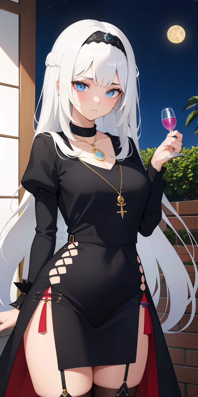 mulher branca de com um cabelo ondulado preto com duas pequenas mechas loiras, tem olhos castanhos, usa um vestido apertado dark, altura baixinha, com peitos grandes que mostram na roupa, olhos castanhos, wears a necklace with a moon symbol around her neck, Looks shy but can be intimidating