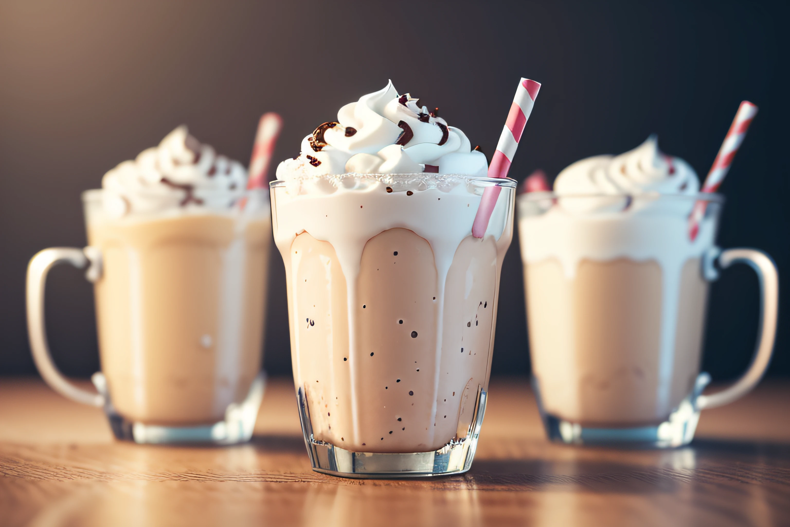 a row of milkshake in glass cups, blurred background, food photography, realistic, professional photography, very detailed, 8k, realism, super detailed.