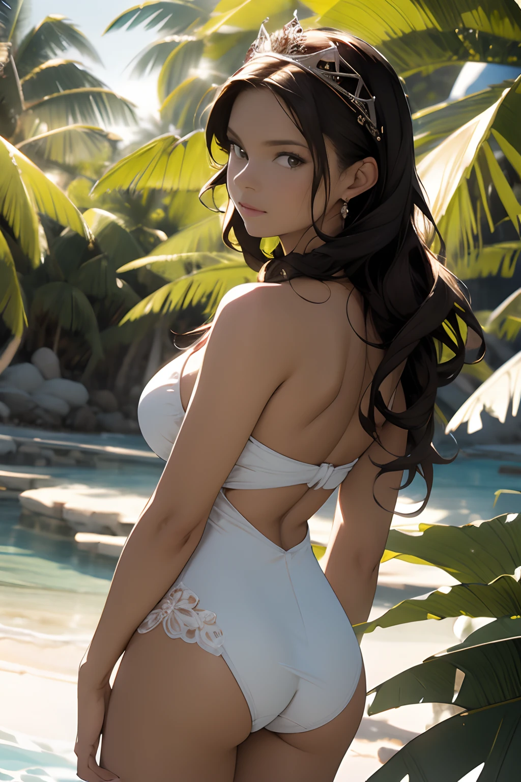 Adult beautiful mexican woman, one piece white swimsuit, leaning towards camera, thoughtful feminine gaze, long hair, tiara , looking back at viewer, oil painting by singer sargent, suzanna aye 8k
