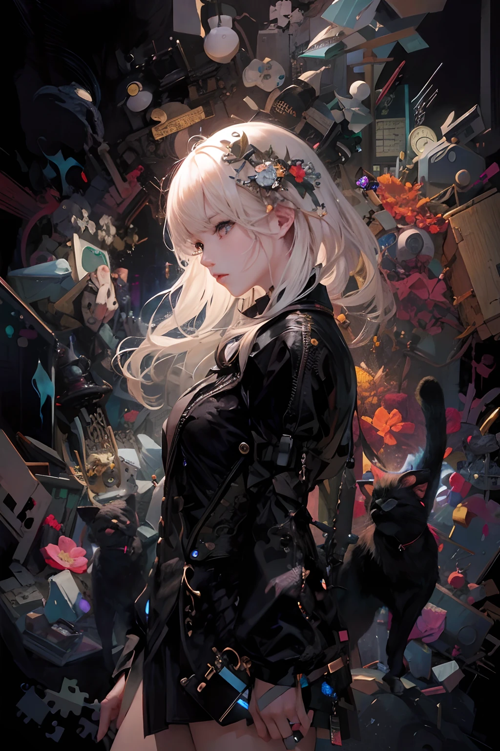 the chaos、masterpiece、Elements of the puzzle、Blonde girl、Hidden Black Cat、Puzzle Art、steampunc、ultra-definition、Super delicate、hight resolution、8K