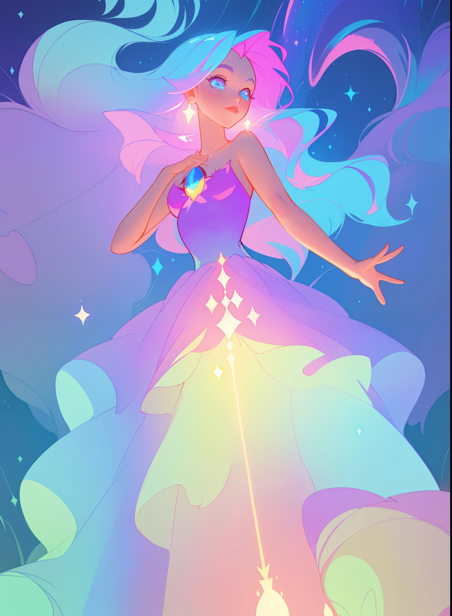 beautiful girl, puffy tiered ballgown, vibrant pastel colors, (colorful), glowing golden long hair, magical lights, sparkling magical liquid, inspired by Glen Keane, inspired by Lois van Baarle, disney art style, by Lois van Baarle, glowing aura around her, by Glen Keane, jen bartel, glowing lights! digital painting, flowing glowing hair, glowing flowing hair, beautiful digital illustration, fantasia background, whimsical, magical, fantasy, ((beautiful face)), ((masterpiece, best quality)), intricate details, highly detailed, sharp focus, 8k resolution, sparkling detailed eyes, liquid watercolor