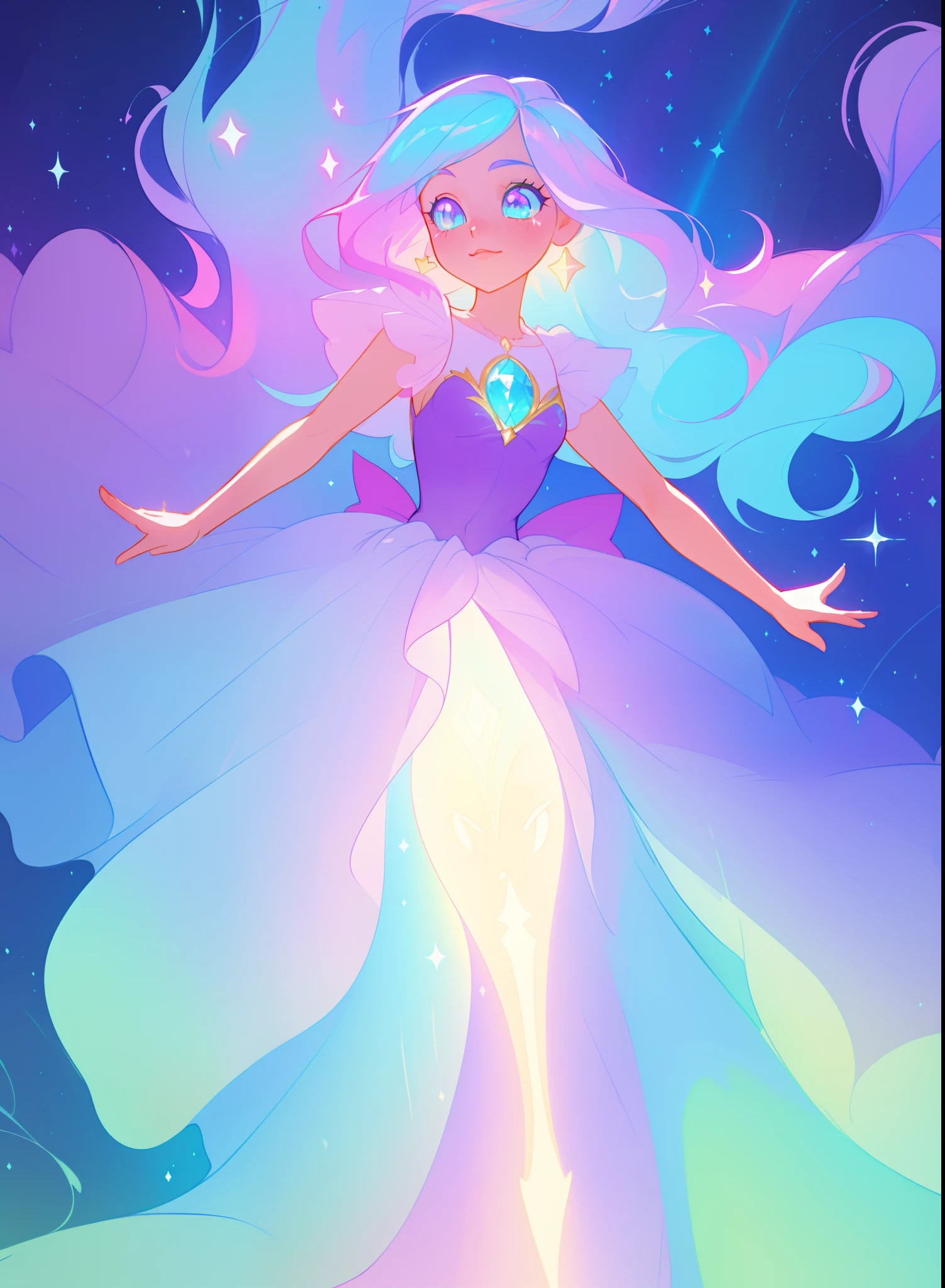 beautiful girl, puffy tiered ballgown, vibrant pastel colors, (colorful), glowing golden long hair, magical lights, sparkling magical liquid, inspired by Glen Keane, inspired by Lois van Baarle, disney art style, by Lois van Baarle, glowing aura around her, by Glen Keane, jen bartel, glowing lights! digital painting, flowing glowing hair, glowing flowing hair, beautiful digital illustration, fantasia background, whimsical, magical, fantasy, ((beautiful face)), ((masterpiece, best quality)), intricate details, highly detailed, sharp focus, 8k resolution, sparkling detailed eyes, liquid watercolor