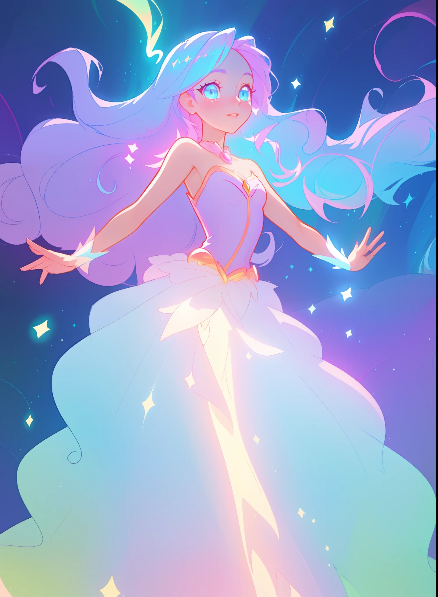 beautiful girl, puffy tiered ballgown, vibrant pastel colors, (colorful), glowing golden long hair, magical lights, sparkling magical liquid, inspired by Glen Keane, inspired by Lois van Baarle, disney art style, by Lois van Baarle, glowing aura around her, by Glen Keane, jen bartel, glowing lights! digital painting, flowing glowing hair, glowing flowing hair, beautiful digital illustration, fantasia background, whimsical, magical, fantasy, ((beautiful face)), ((masterpiece, best quality)), intricate details, highly detailed, sharp focus, 8k resolution, sparkling detailed eyes, liquid watercolor