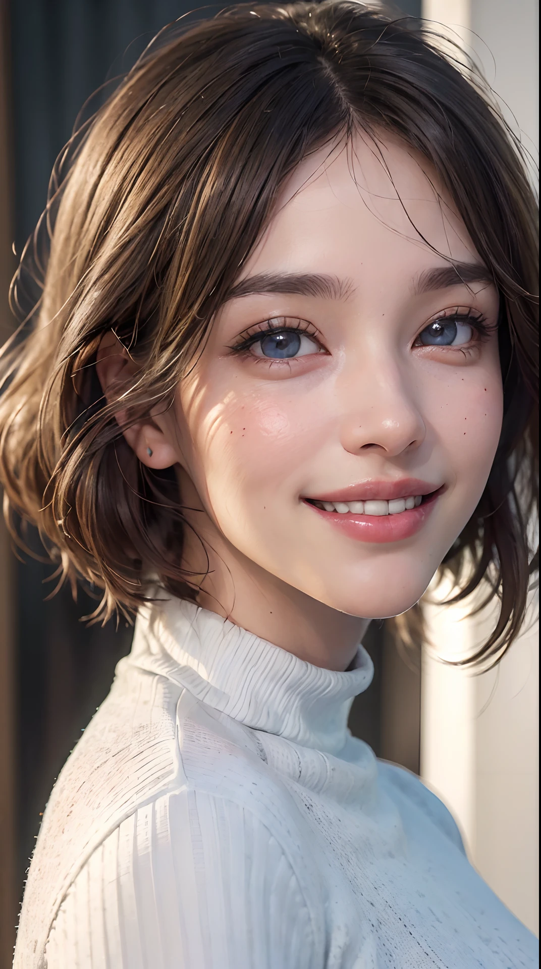 (best quality,4k,8k,highres,masterpiece:1.2), ultra-detailed, (realistic,photorealistic,photo-realistic:1.37),(beautiful detailed eyes, beautiful detailed lips, extremely detailed eyes and face, long eyelashes),studio lighting,physically-based rendering,vivid colors,(big tits, super big tits, super extra big tits),(bob haircut),(a smile with half open eyes:1.5),(white turtleneck sweater),(soft lighting),(happy atmosphere),(diagonal composition),(dynamic poses),