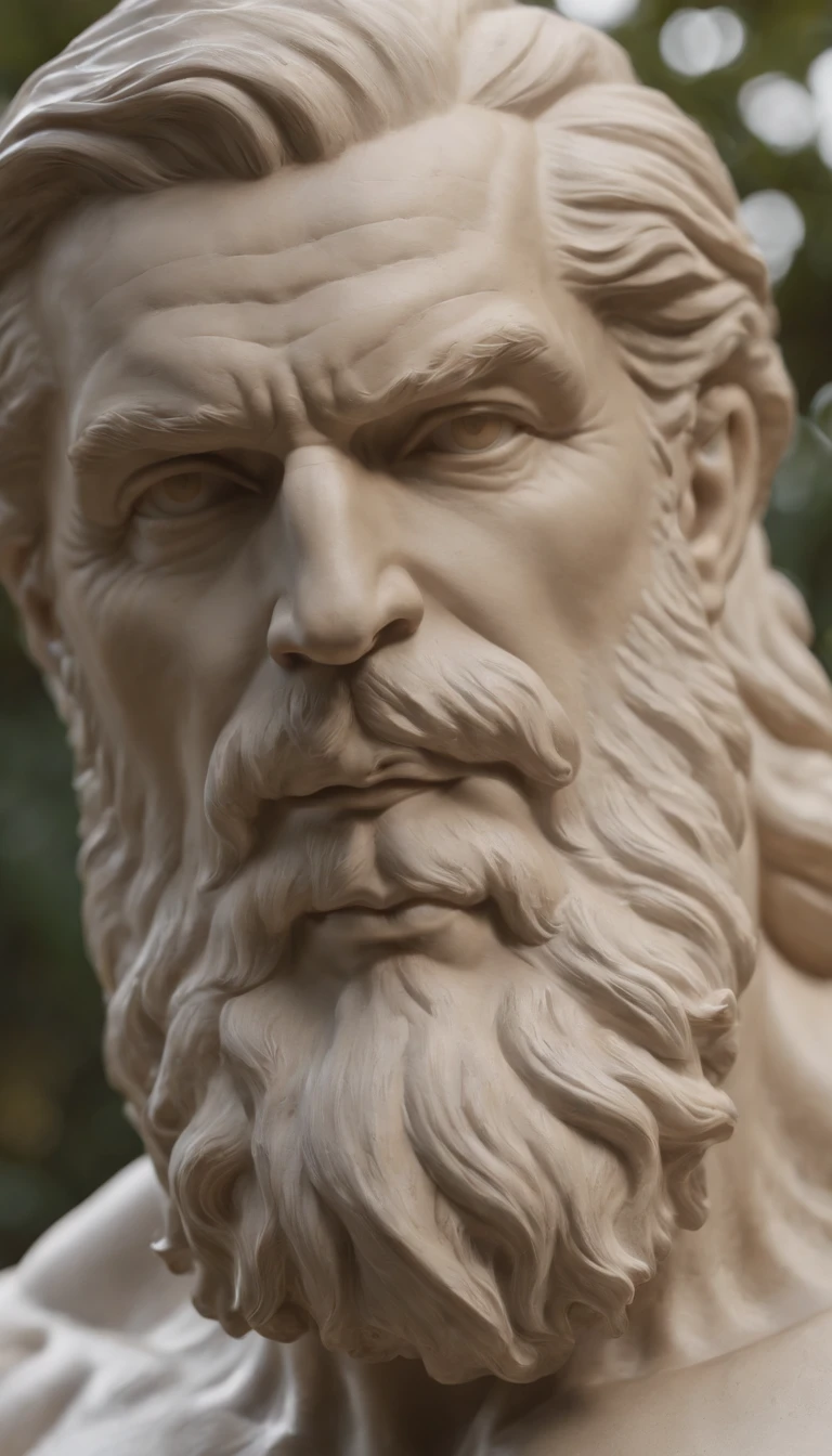 a close up of a statue of a man with a beard, cabelos longos ao vento , a statue inspired by Exekias, Destaque no Zbrush Central, arte digital, statue of hercules looking angry, muscular character, escultura realista de 8k bernini