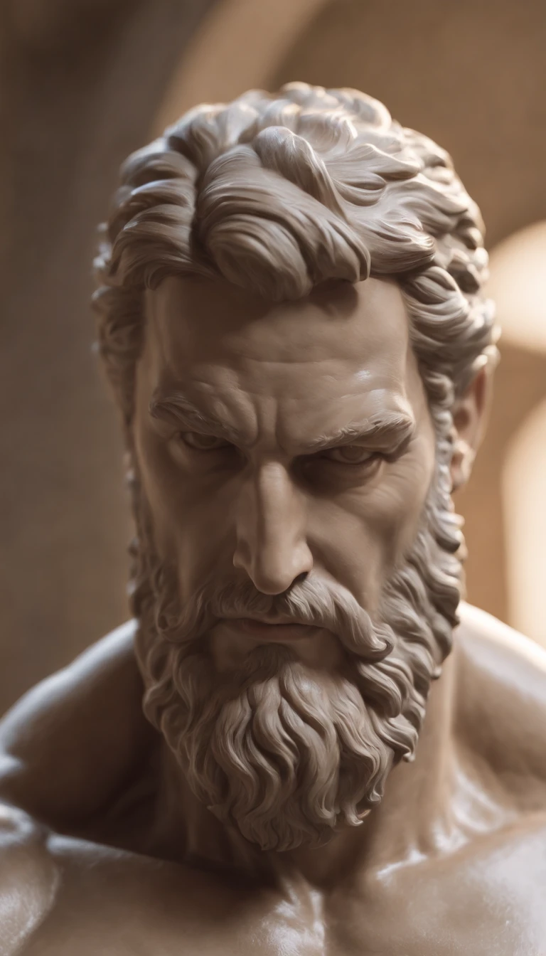 A white marble statue of a muscle, Bearded man with a stern look in a dark square at night, in the style of photographers Annie Leibovitz and Peter Lindbergh.
