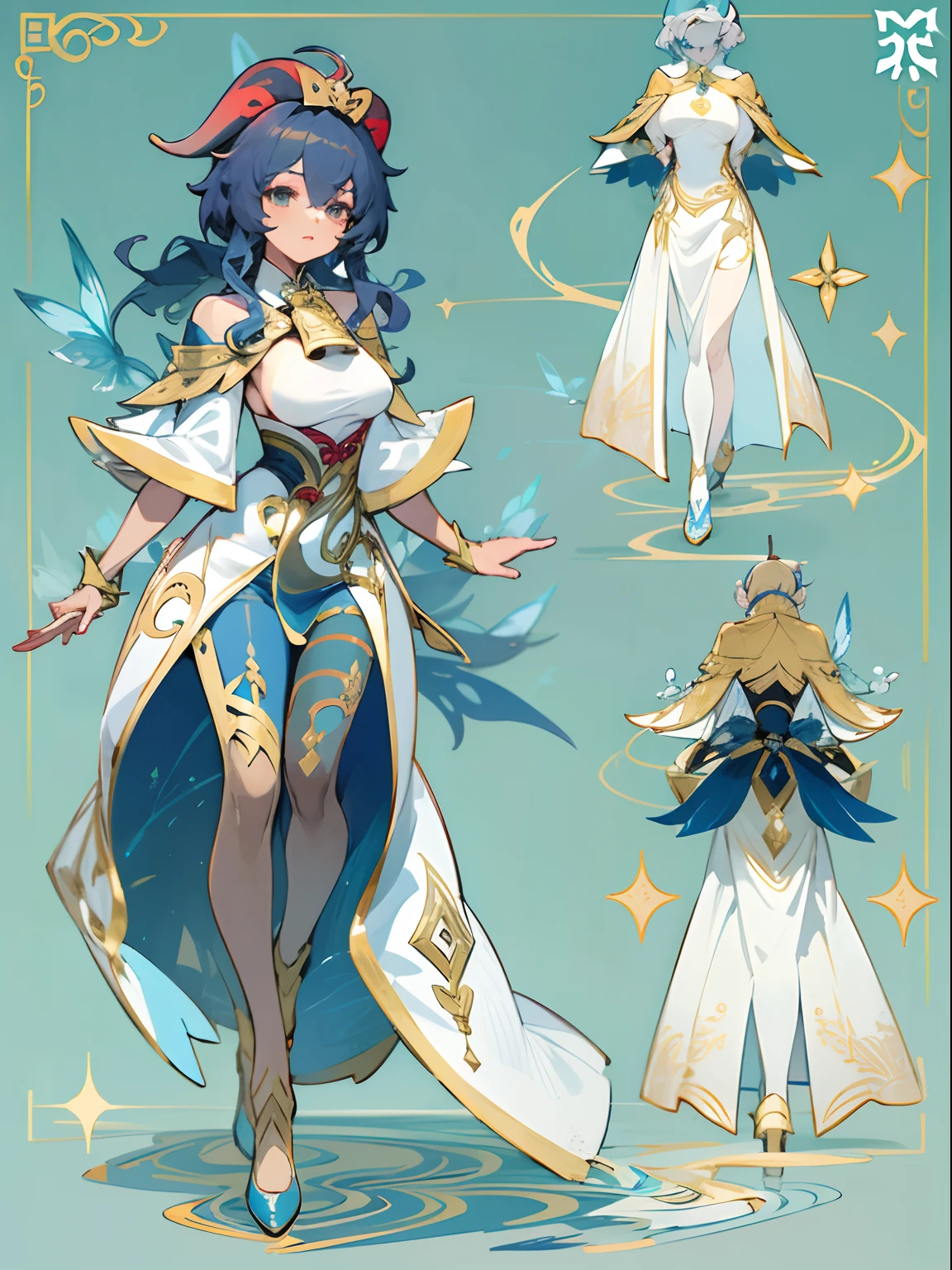 Genshin Impact, ganyu outfit is a stunning combination of blue and white, with gold accents that add a touch of elegance. The dress has a fitted bodice and a flared skirt, creating a flattering silhouette. The skirt is adorned with gold embroidery and sequins, creating a sparkling effect. The dress also has a long blue cape that flows behind the character, adding a sense of drama and movement. The cape is fastened with a gold brooch at the neck. The character’s accessories include a blue headpiece that matches the dress, white stockings that contrast with the blue shoes, and a blue rose that symbolizes her beauty and grace. This outfit is perfect for a fantasy or fairy tale setting, as it showcases the character’s charm and sophistication.