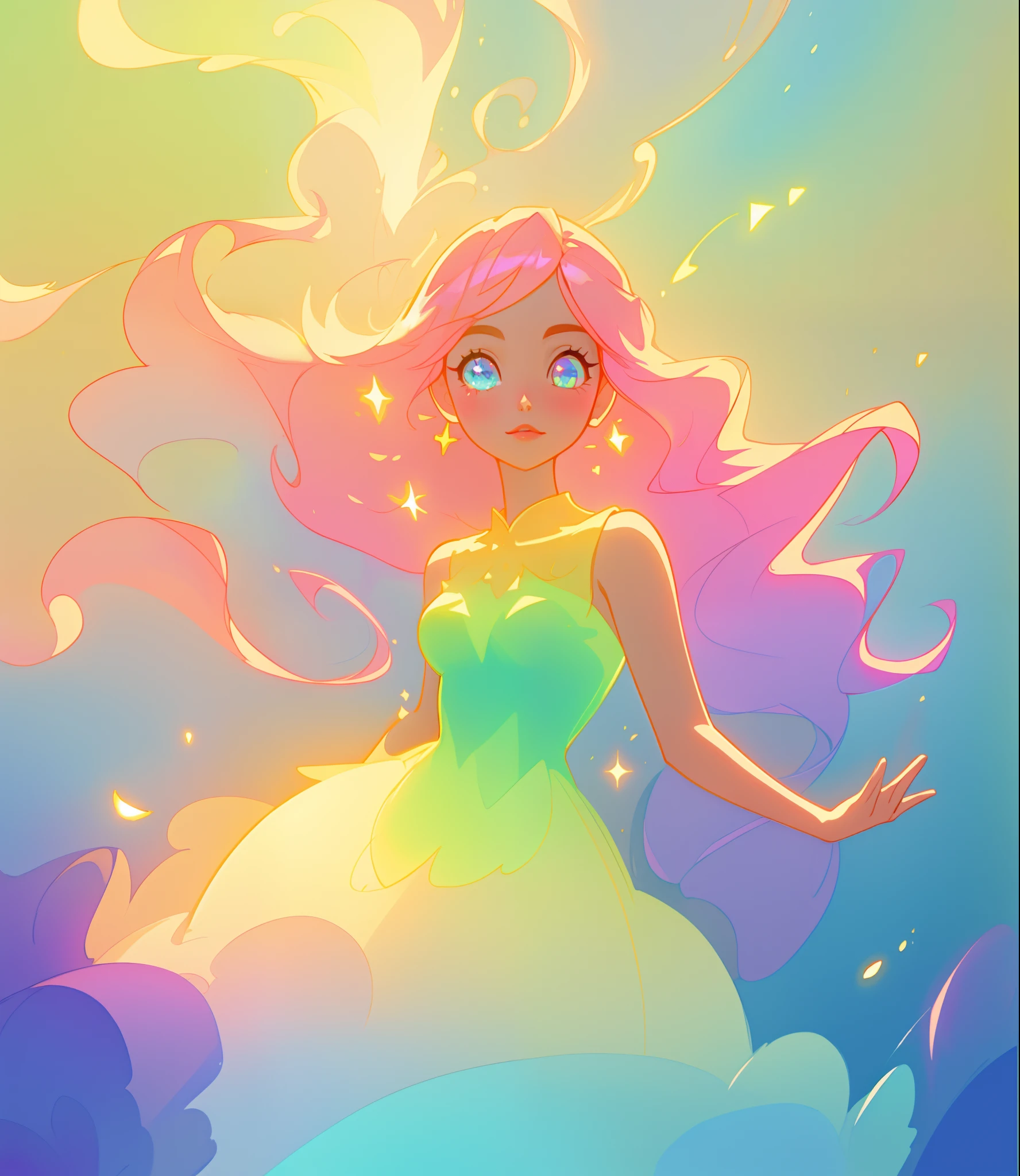 beautiful girl, puffy tiered ballgown, vibrant pastel colors, (colorful), glowing golden long hair, magical lights, sparkling magical liquid, inspired by Glen Keane, inspired by Lois van Baarle, disney art style, by Lois van Baarle, glowing aura around her, by Glen Keane, jen bartel, glowing lights! digital painting, flowing glowing hair, glowing flowing hair, beautiful digital illustration, fantasia background, whimsical, magical, fantasy, ((beautiful face)), ((masterpiece, best quality)), intricate details, highly detailed, sharp focus, 8k resolution, sparkling detailed eyes, liquid watercolor
