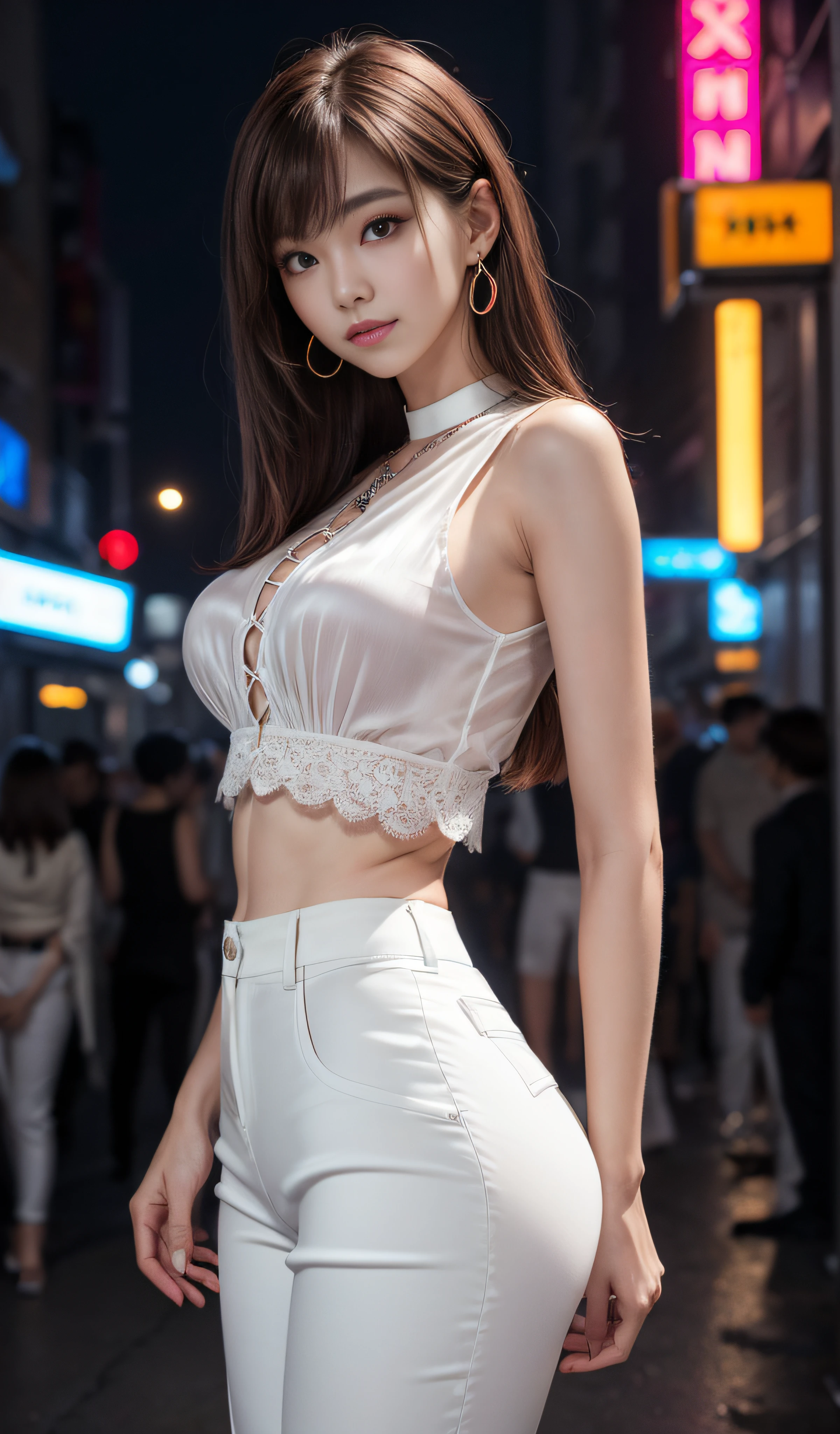 8K, Masterpiece, RAW photo, Best quality, Photorealistic, Extremely detailed CG unifies 8K, 8K, Diamond, and wallpaper, Depth of field, Cinematic light, Lens flare, Ray tracing, (Extremely beautiful face, Beautiful lips, Beautiful eyes), intricate detail face, ((ultra detailed skin)) 1girll, In the dark, deepshadow, Pretty Korean girl, Kpop idol, 1 girl, (Very slim and slender muscular body:1.3), （huge tit：1.0），Narrow waist、（Wide buttock），S-shaped body，Upturned buttocks，((view the viewer)),(Big smile:1.3), (Fashion night, Dark night, (neon lights sign), (Blurred background), Fashion Street Night),(No one is in the background:1.3), Beautiful earrings, bangle, necklace, Pantyhose, Clear eyes, (Pale skin), (Big eyes), Face forward, ((full body shot shot)),(Tight lace-up blouse), (Pink shirt), (Sleeveless) , ((Silk white trousers:1.3)),(brown hairs),((Skinny silk pants)), ，Narrow waist、（Wide buttock），（big assa），S-shaped body，Upturned buttocks，(view the viewer:1.3) open breast, Very slim, Medium breasts, Turn Back, Back shot, , underwear