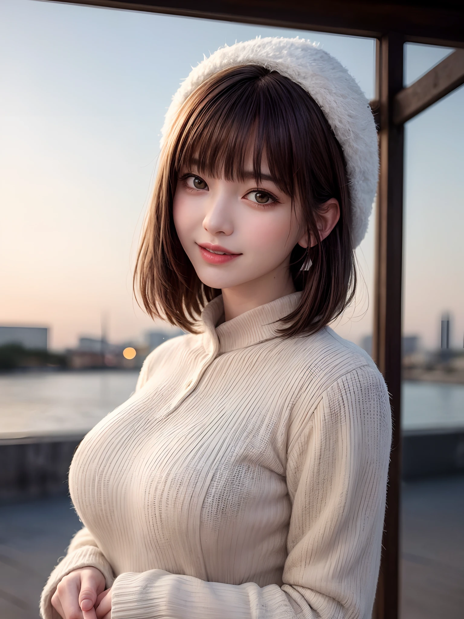 (masterpiece, top-quality、Very attractive adult beauty、Add intense highlights to the eyes),1girl in, 独奏, A dark-haired, scarf, Hats,, realisitic, looking at the viewers, black eyes of light color, shorth hair, coat, Winter clothes, White headscarf, s lips, lipgloss,bangss, The upper part of the body、big eye、Lashes)、((Road system in Italy))、((Shorthair with bangs、big eye、Put very strong highlights in your students、very Bigger breasts、gazing at viewer、Very beautiful beauty、Put your ears out、long neck、little smiling、Beautiful teeth、Open your mouth and smile))、28 year old、Very cute supermodel
