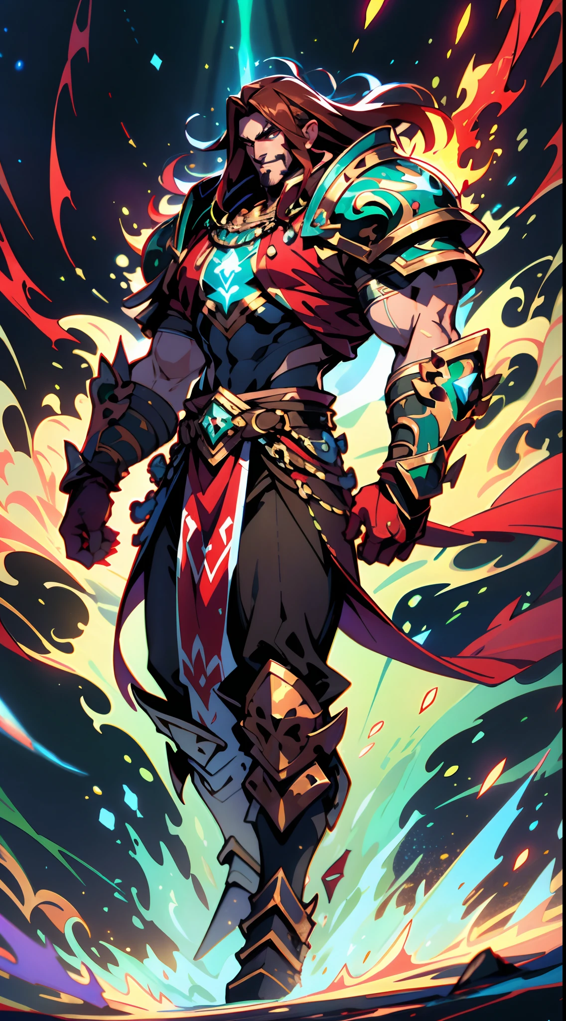 A man with long reddish-brown hair, wearing a red headband, an Eastern European face, deep and confident eyes, a confident smile, a red elongated totem mark on his face, a tall and strong physique, he wears a fantasy-style overlord attire, a blue-gold thick breastplate, a black tight-fitting undershirt, a massive cloak with heavy metal decorations, that cloak covers most of his body, thick red and blue heavy gauntlets, a metal belt with a thick long skirt-like hem, black pants, metal leg guards that match the gauntlets, he steps on the space with an awe-inspiring presence, red and blue and green energy surrounds him, red and blue and green Power surrounds him, white frost swirls around him, blue ice around him, red fire around him, purple Lightning around him, this character embodies a finely crafted fantasy-style overlord in anime style, characterized by an exquisite and mature manga illustration art style, high definition, best quality, highres, ultra-detailed, ultra-fine painting, extremely delicate, professional, anatomically correct, symmetrical face, extremely detailed eyes and face, high quality eyes, creativity, RAW photo, UHD, 8k, Natural light, cinematic lighting, masterpiece:1.5