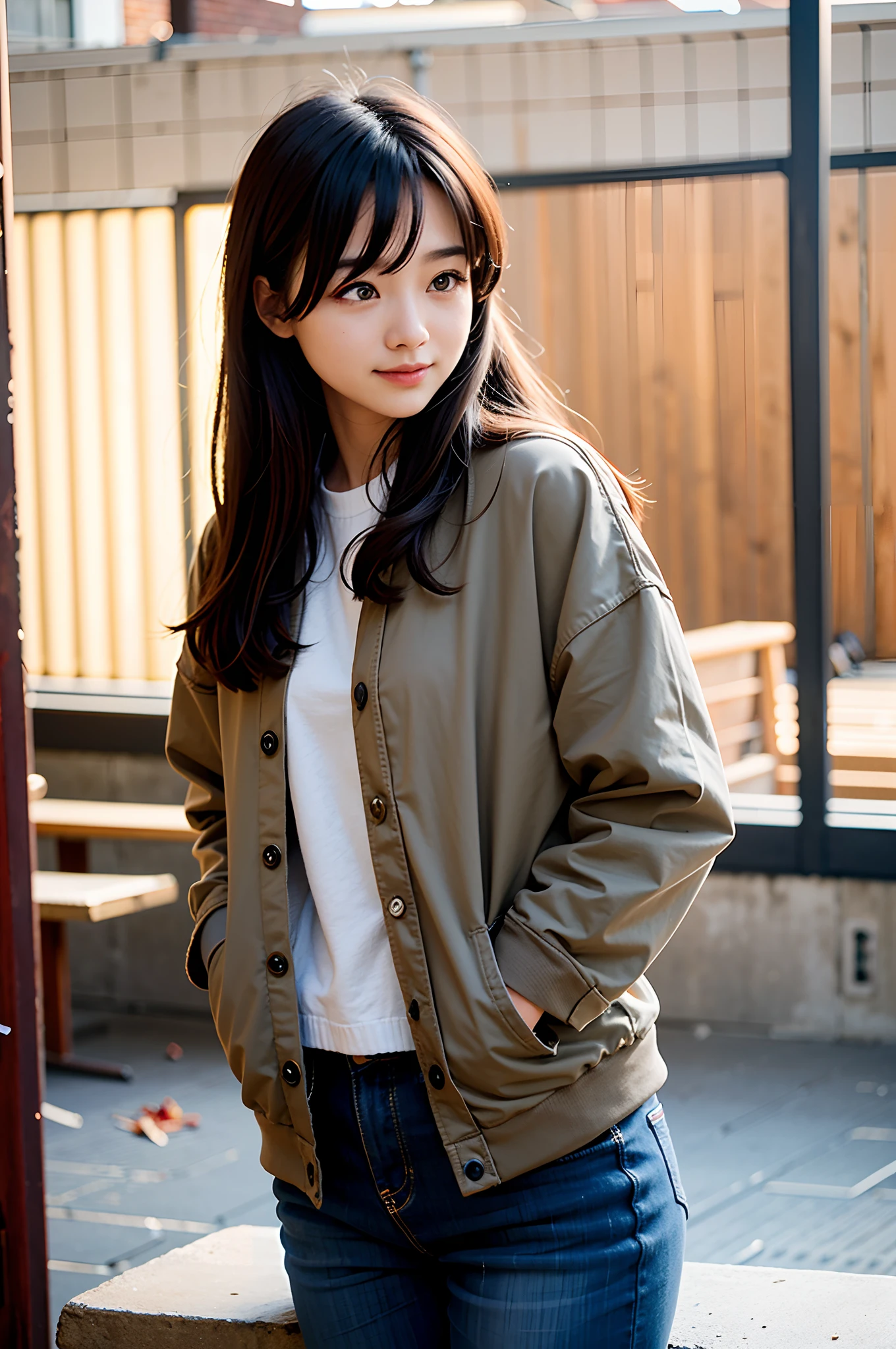 ​masterpiece, top-quality、Raw foto, Photorealsitic、1womanl、25-years old、Yokohama Red Brick Warehouse、Leaning against the wall、oversize jacket、Wide pants、Autumn clothes in warm colors、Reflecting the whole body、A smile、People around you々The costume、Smaller chest、Small butt、Reflecting the whole body、unbelievable Ridiculous、depth of fields, hight resolution, ultra-detailliert, foco nítido, Cinematic lighting、Add highlights to the eyes