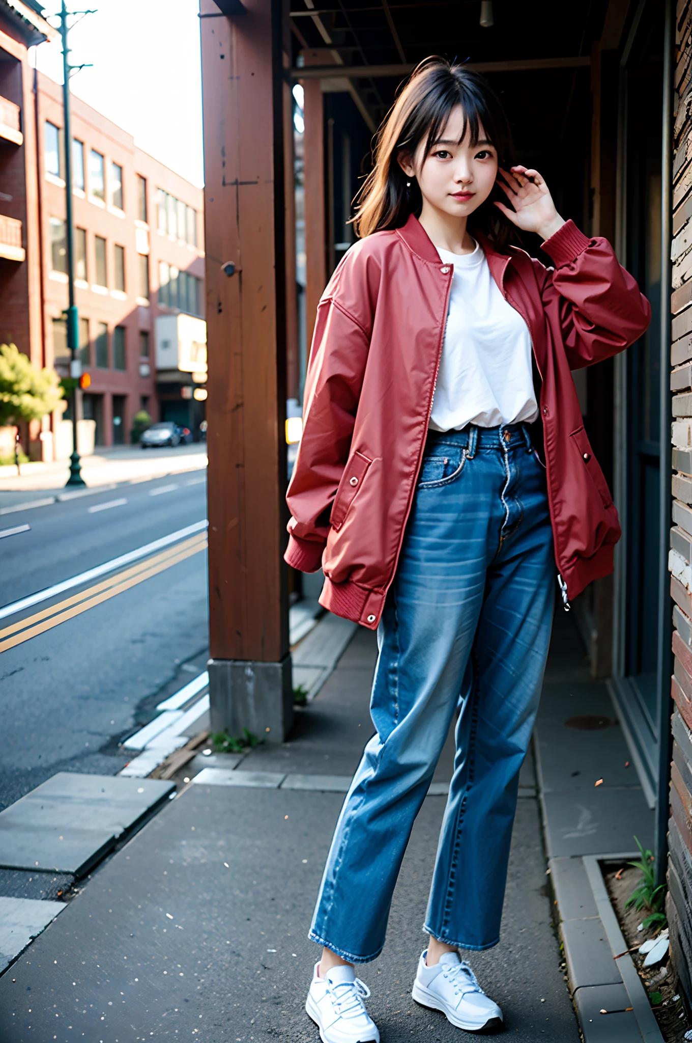 ​masterpiece, top-quality、Raw foto, Photorealsitic、1womanl、25-years old、Yokohama Red Brick Warehouse、Leaning against the wall、oversize jacket、Wide pants、Autumn clothes in warm colors、Reflecting the whole body、A smile、People around you々The costume、Smaller chest、Small butt、Reflecting the whole body、unbelievable Ridiculous、depth of fields, hight resolution, ultra-detailliert, foco nítido, Cinematic lighting、Add highlights to the eyes