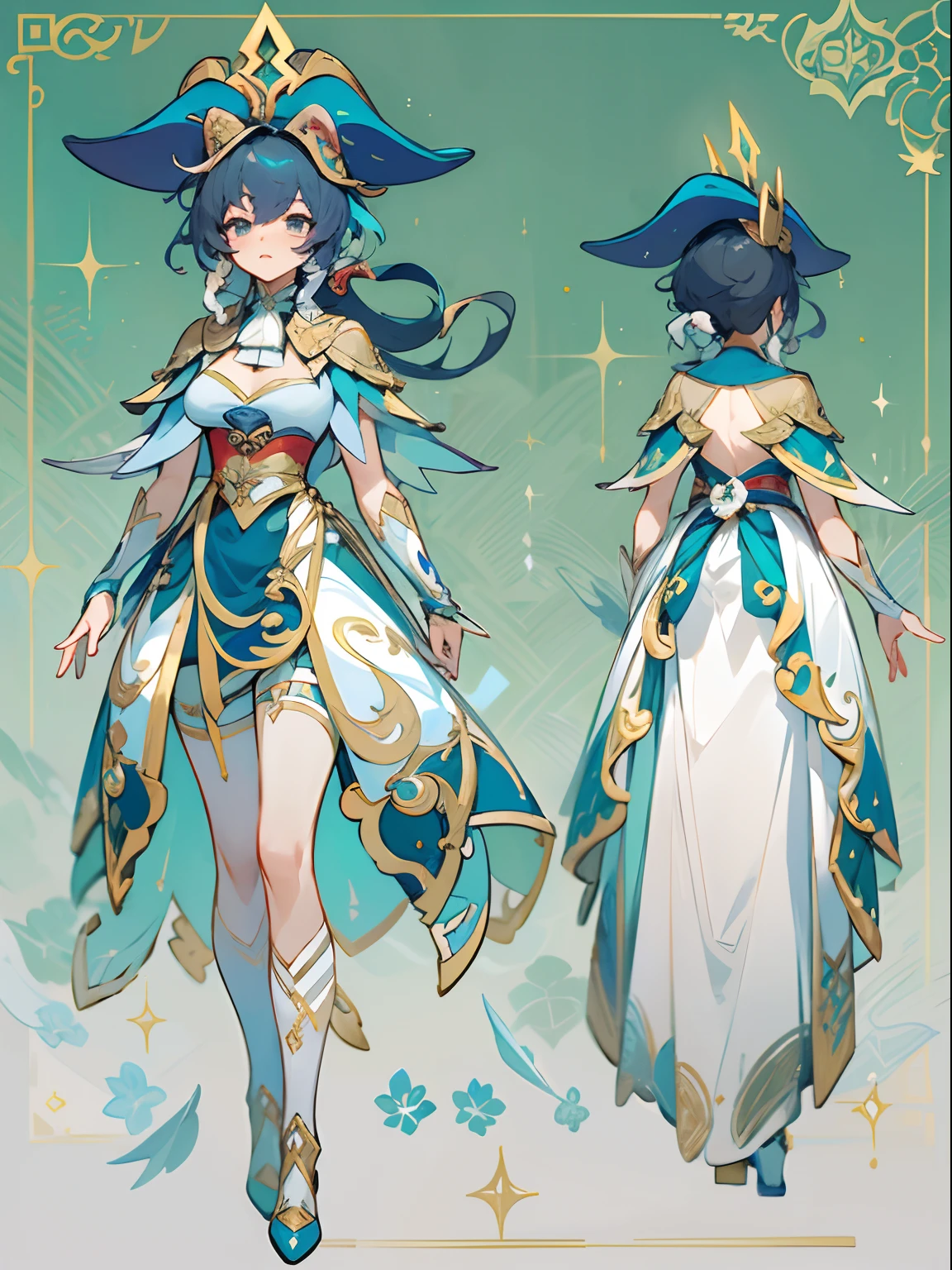 Genshin Impact, ganyu outfit is a stunning combination of blue and white, with gold accents that add a touch of elegance. The dress has a fitted bodice and a flared skirt, creating a flattering silhouette. The skirt is adorned with gold embroidery and sequins, creating a sparkling effect. The dress also has a long blue cape that flows behind the character, adding a sense of drama and movement. The cape is fastened with a gold brooch at the neck. The character’s accessories include a blue headpiece that matches the dress, white stockings that contrast with the blue shoes, and a blue rose that symbolizes her beauty and grace. This outfit is perfect for a fantasy or fairy tale setting, as it showcases the character’s charm and sophistication.