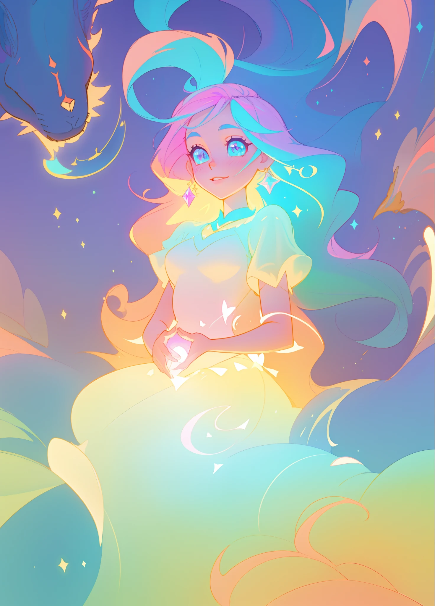 beautiful girl, puffy tiered ballgown, vibrant pastel colors, (colorful), glowing golden long hair, magical lights, sparkling magical liquid, inspired by Glen Keane, inspired by Lois van Baarle, disney art style, by Lois van Baarle, glowing aura around her, by Glen Keane, jen bartel, glowing lights! digital painting, flowing glowing hair, glowing flowing hair, beautiful digital illustration, fantasia background, whimsical, magical, fantasy, ((beautiful face)), ((masterpiece, best quality)), intricate details, highly detailed, sharp focus, 8k resolution, sparkling detailed eyes, liquid watercolor