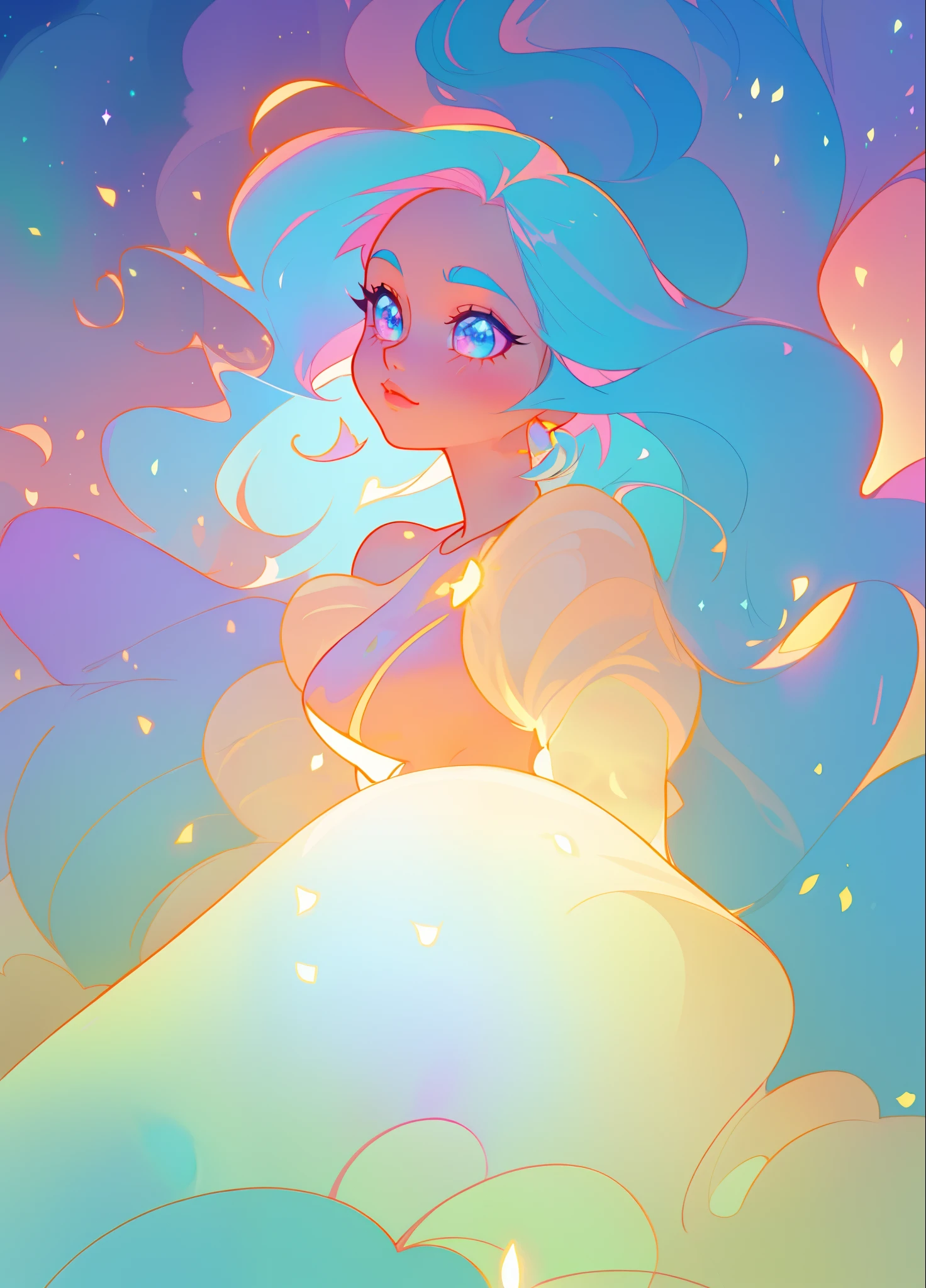 beautiful girl, puffy tiered ballgown, vibrant pastel colors, (colorful), glowing golden long hair, magical lights, sparkling magical liquid, inspired by Glen Keane, inspired by Lois van Baarle, disney art style, by Lois van Baarle, glowing aura around her, by Glen Keane, jen bartel, glowing lights! digital painting, flowing glowing hair, glowing flowing hair, beautiful digital illustration, fantasia background, whimsical, magical, fantasy, ((beautiful face)), ((masterpiece, best quality)), intricate details, highly detailed, sharp focus, 8k resolution, sparkling detailed eyes, liquid watercolor