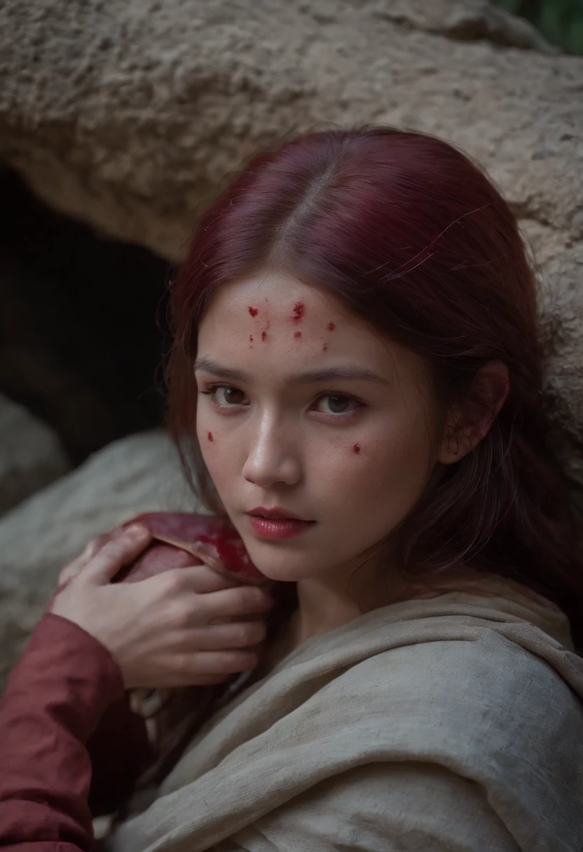 (((a deep reddish wound crosses her left cheek))) A child inside a cave looking for treasure, acaba encontrando monstros