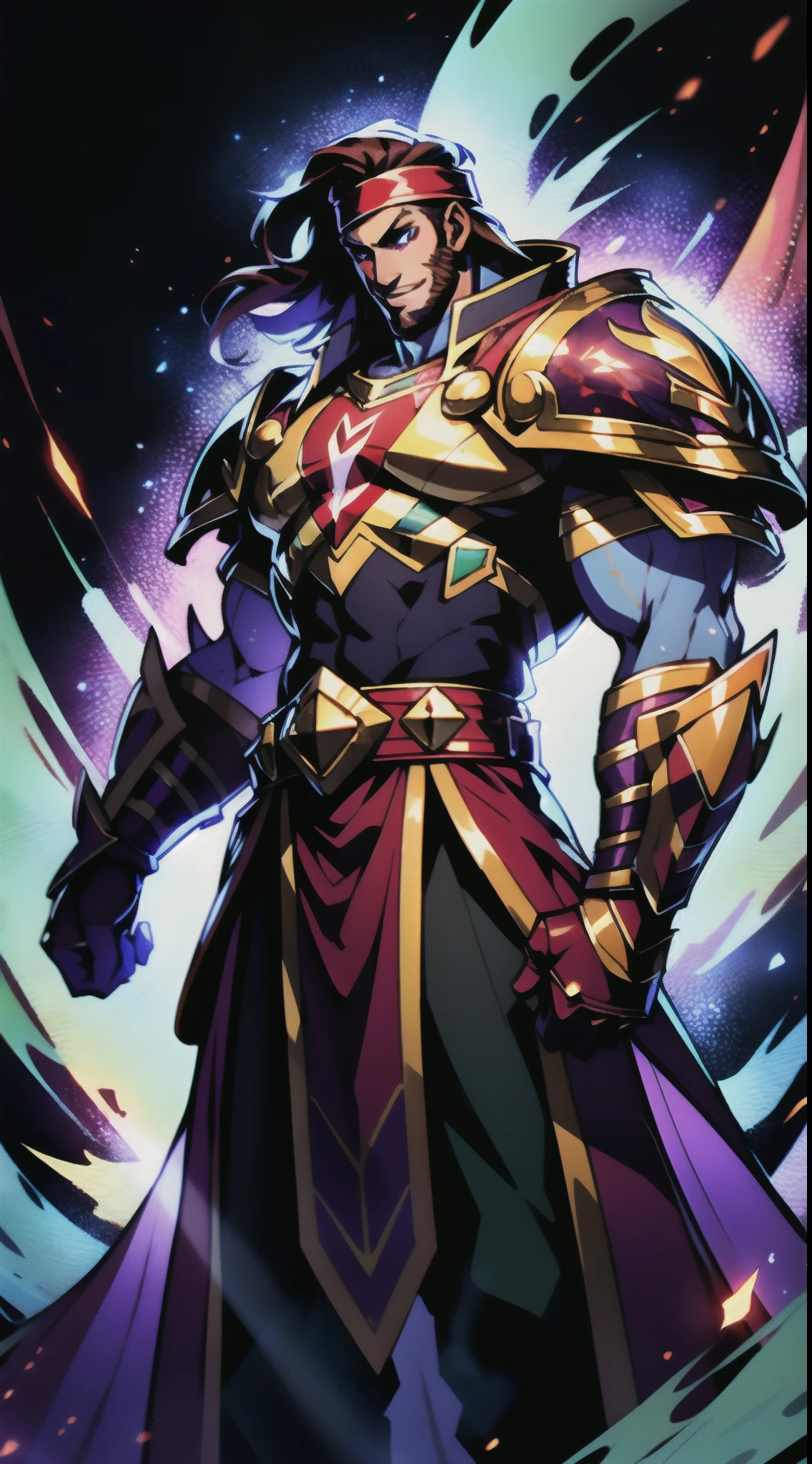 A man with long reddish-brown hair, wearing a red headband, an Eastern European face, deep and confident eyes, a confident smile, a red elongated totem mark on his face, a tall and strong physique, he wears a fantasy-style overlord attire, a blue-gold thick breastplate, a black tight-fitting undershirt, a massive cloak with heavy metal decorations, that cloak covers most of his body, thick red and blue heavy gauntlets, a metal belt with a thick long skirt-like hem, black pants, metal leg guards that match the gauntlets, he steps on the space with an awe-inspiring presence, red and blue and green energy surrounds him, red and blue and green Power surrounds him, white frost swirls around him, blue ice around him, red fire around him, purple Lightning around him, this character embodies a finely crafted fantasy-style overlord in anime style, characterized by an exquisite and mature manga illustration art style, high definition, best quality, highres, ultra-detailed, ultra-fine painting, extremely delicate, professional, anatomically correct, symmetrical face, extremely detailed eyes and face, high quality eyes, creativity, RAW photo, UHD, 8k, Natural light, cinematic lighting, masterpiece:1.5