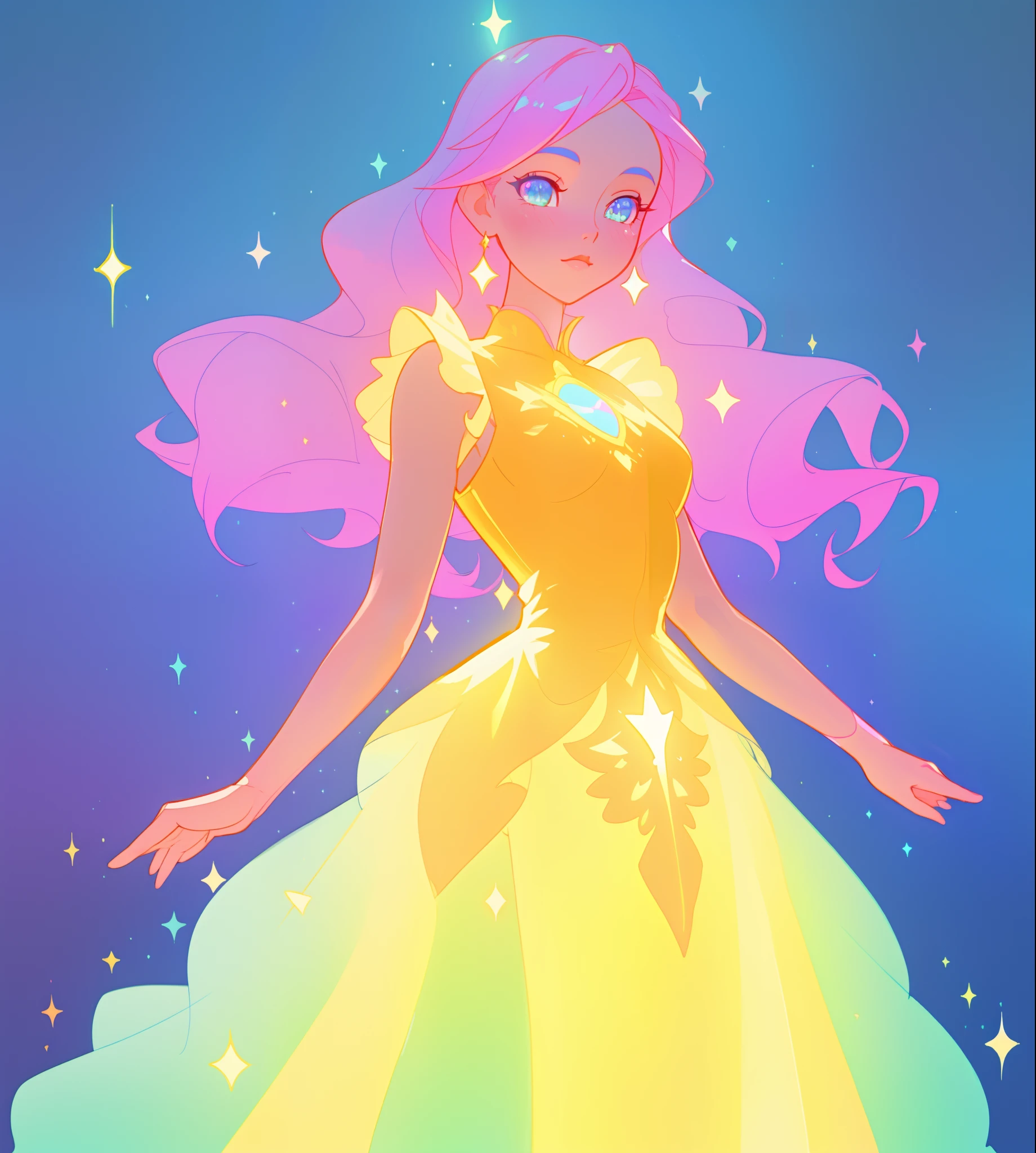 beautiful girl, puffy tiered ballgown, vibrant pastel colors, (colorful), glowing golden long hair, magical lights, sparkling magical liquid, inspired by Glen Keane, inspired by Lois van Baarle, disney art style, by Lois van Baarle, glowing aura around her, by Glen Keane, jen bartel, glowing lights! digital painting, flowing glowing hair, glowing flowing hair, beautiful digital illustration, fantasia background, whimsical, magical, fantasy, ((beautiful face)), ((masterpiece, best quality)), intricate details, highly detailed, sharp focus, 8k resolution, sparkling detailed eyes, liquid watercolor