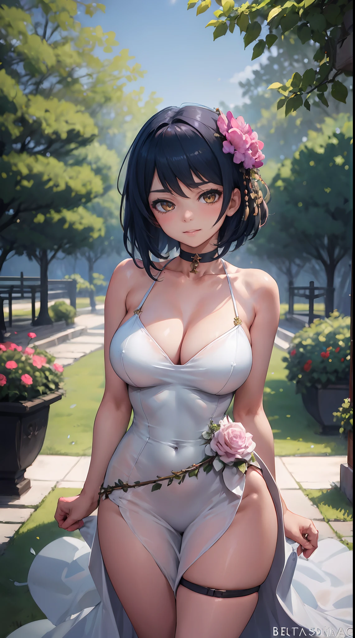 Kujou Sara| genshin impact, master-piece, bestquality, 1girls,25 years old, proportional body, proportional., Wedding Dresses, White Wedding Dress, Long skirt, Big skirt, mediuml breasts, ,bara, choker, Standing in the middle of a flower garden, outdoor, The sky is beautiful, arm behind back, View viewers from the front., Thigh strap, Head tilt, bored, HD, slight smile,