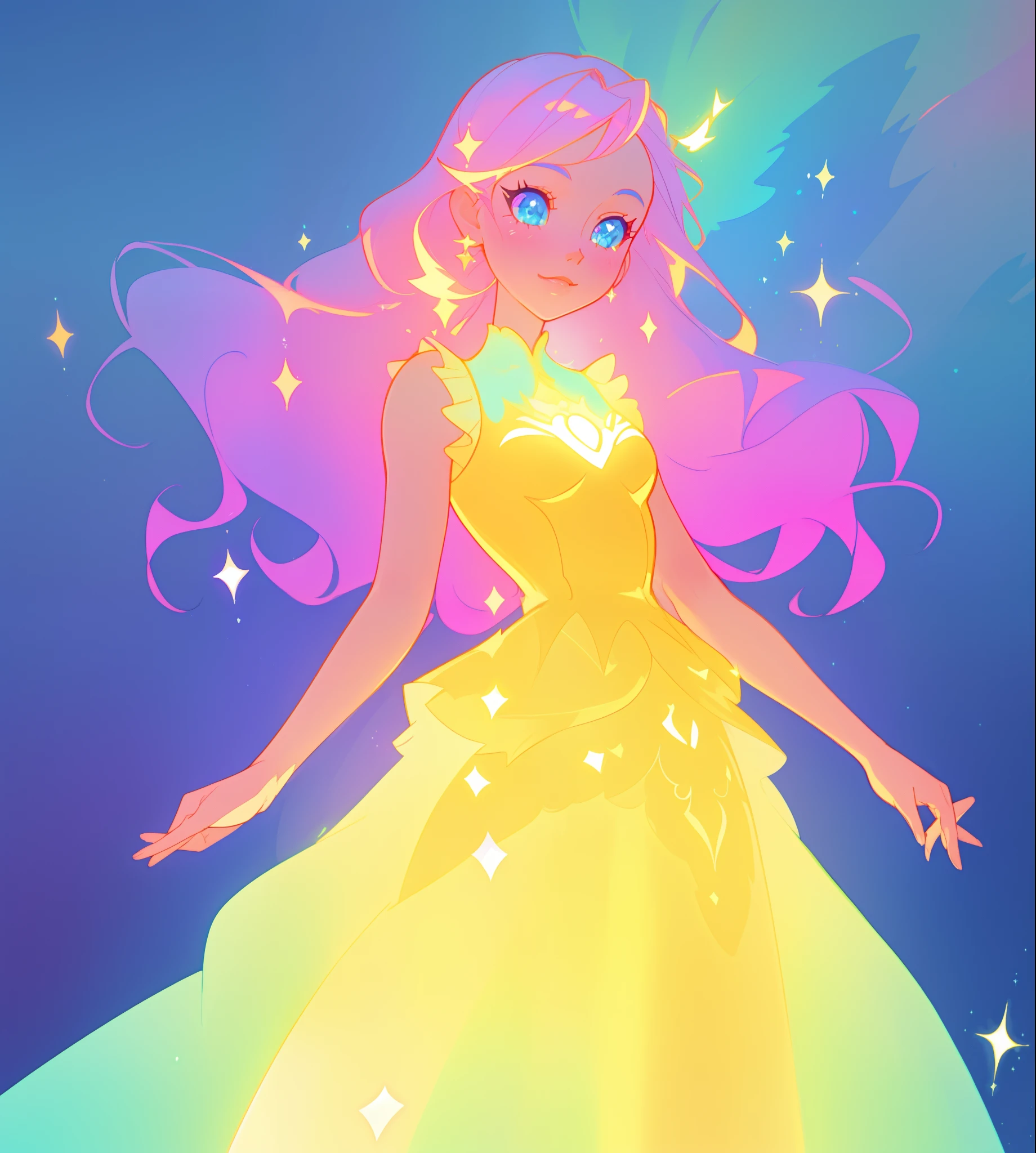 beautiful girl, puffy tiered ballgown, vibrant pastel colors, (colorful), glowing golden long hair, magical lights, sparkling magical liquid, inspired by Glen Keane, inspired by Lois van Baarle, disney art style, by Lois van Baarle, glowing aura around her, by Glen Keane, jen bartel, glowing lights! digital painting, flowing glowing hair, glowing flowing hair, beautiful digital illustration, fantasia background, whimsical, magical, fantasy, ((beautiful face)), ((masterpiece, best quality)), intricate details, highly detailed, sharp focus, 8k resolution, sparkling detailed eyes, liquid watercolor