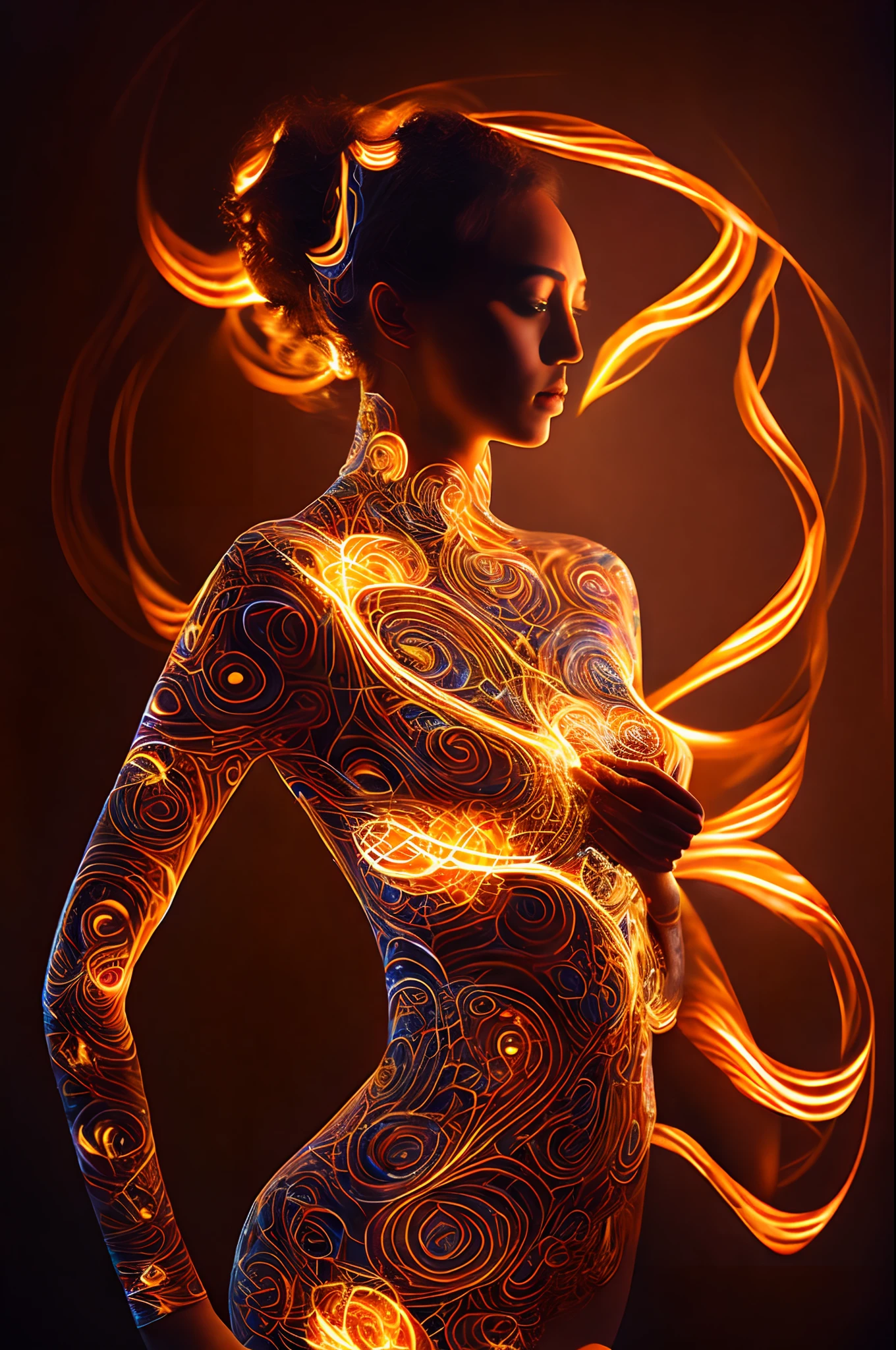 naked woman covered in spiraling patterns of light and techno fire