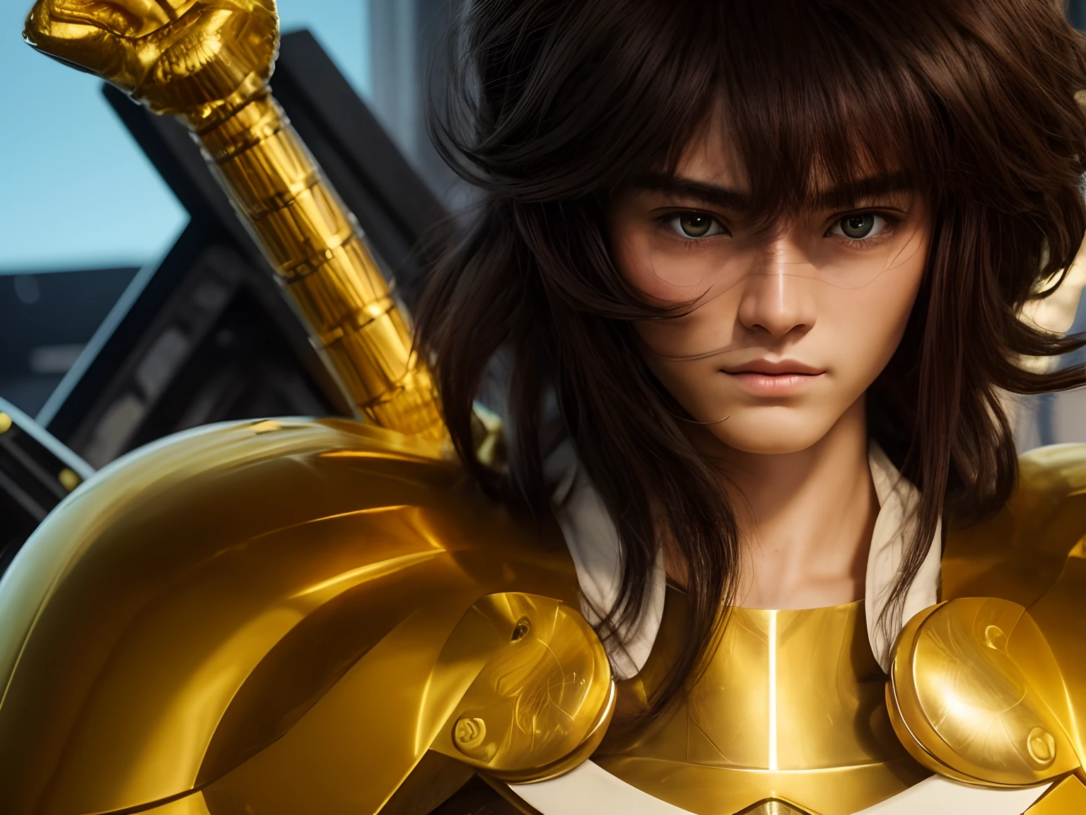 Cinematic stunningly detailed and ultra-realistic Dohko of Libra of Saint Seiya. Close up. He is waring pretty realistic golden armor. Bright golden armor. Detailed gold armor Octane is the perfect tool to capture the softest details of this 16k photography masterpiece. He is a handsome caucasian man about 40 years old. 1boy. Beautiful face. Chinese man. Detailed face. Beautiful nose. (Pretty big green eyes). Perfect eyes. Shaved. He has short brown hair. Perfect closed fist. Messy hair. ((Shaved)). He is staring his enemy.
