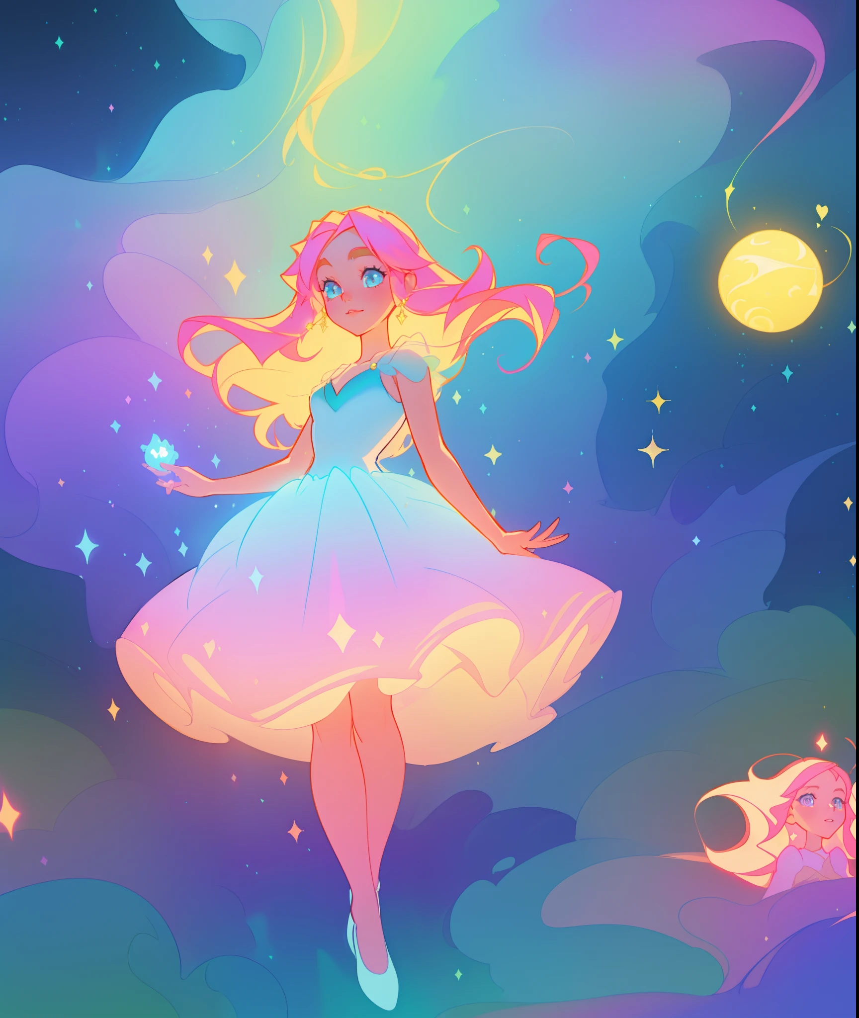 beautiful girl, puffy tiered ballgown, vibrant pastel colors, (colorful), glowing golden long hair, magical lights, sparkling magical liquid, inspired by Glen Keane, inspired by Lois van Baarle, disney art style, by Lois van Baarle, glowing aura around her, by Glen Keane, jen bartel, glowing lights! digital painting, flowing glowing hair, glowing flowing hair, beautiful digital illustration, fantasia background, whimsical, magical, fantasy, ((beautiful face)), ((masterpiece, best quality)), intricate details, highly detailed, sharp focus, 8k resolution, sparkling detailed eyes, liquid watercolor