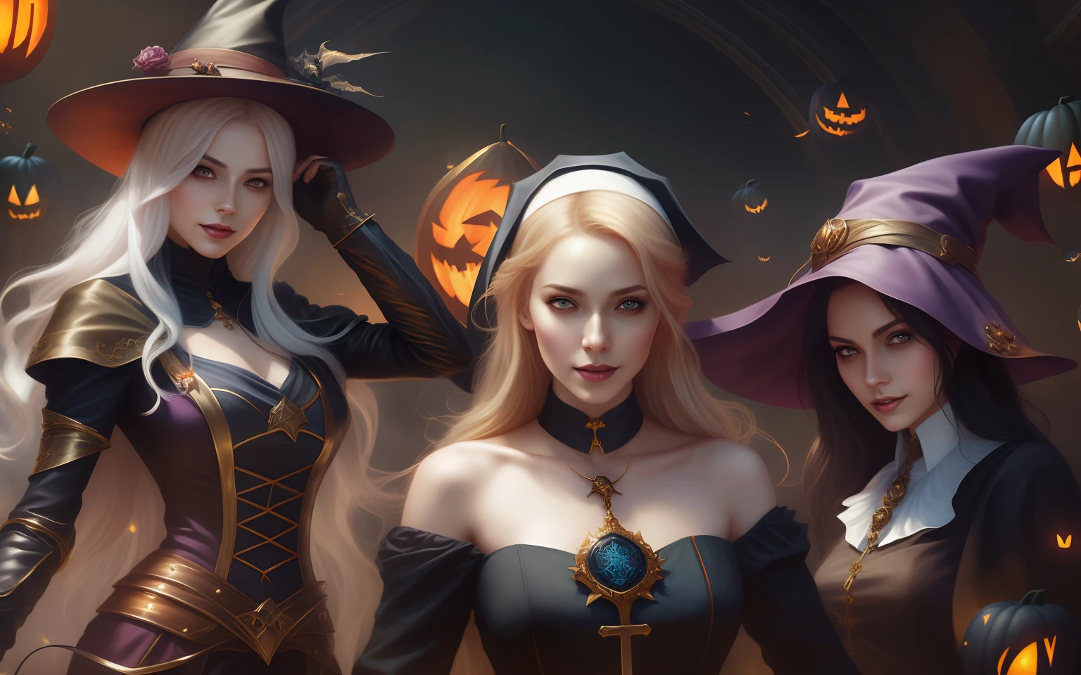 The art of lighting,Super realistic,Super HD,with a determined look in his eyes,From left to right, Three were female lords at the same time,lewd nun,The Witch,Woman posing for photo in costume and hat, WLOP et Artgerm, Artgerm et WLOP, halloween art style, Fantasy art style, dark fantasy style art, Style Artgerm, Artgerm style, astri lohne, dark witch character, artgerm and rossdraws, fantasy style art, 3a game, 3D modeling face,Halloween background style,Pumpkins with grimats