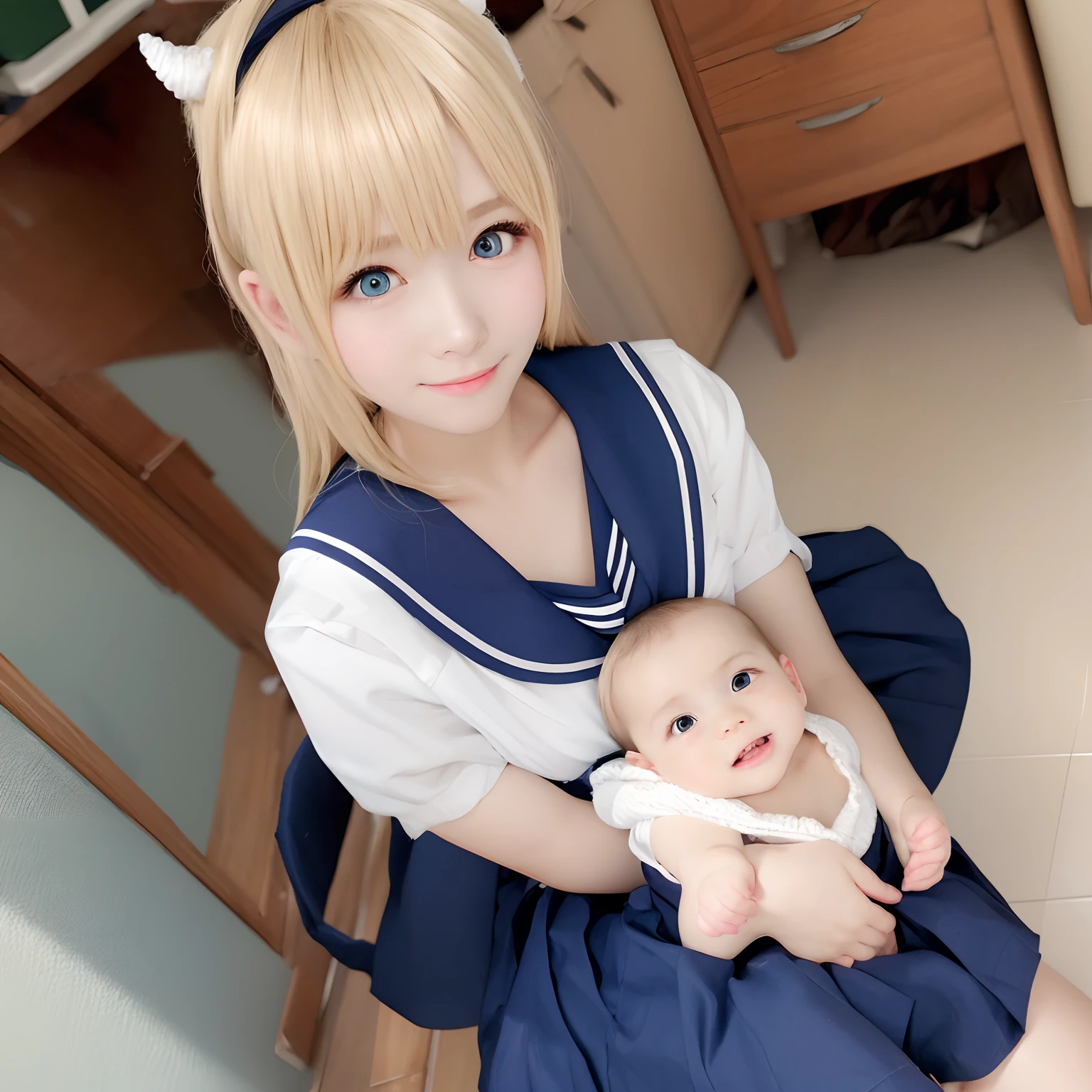 black pantyhose, saggy breasts, (Ultra Realistic), (3D), (CG), (High Definition), (8K), (Very Detailed), Memcho, Solo, One Girl, Blonde, Very Small Horns, Mini Skirt, Short Hair, Knitted Knee Socks, Uniform, Smile, Small Body, Constriction, School, Classroom, Sailor Suit, , Young Chis Old, True F TV Shooting