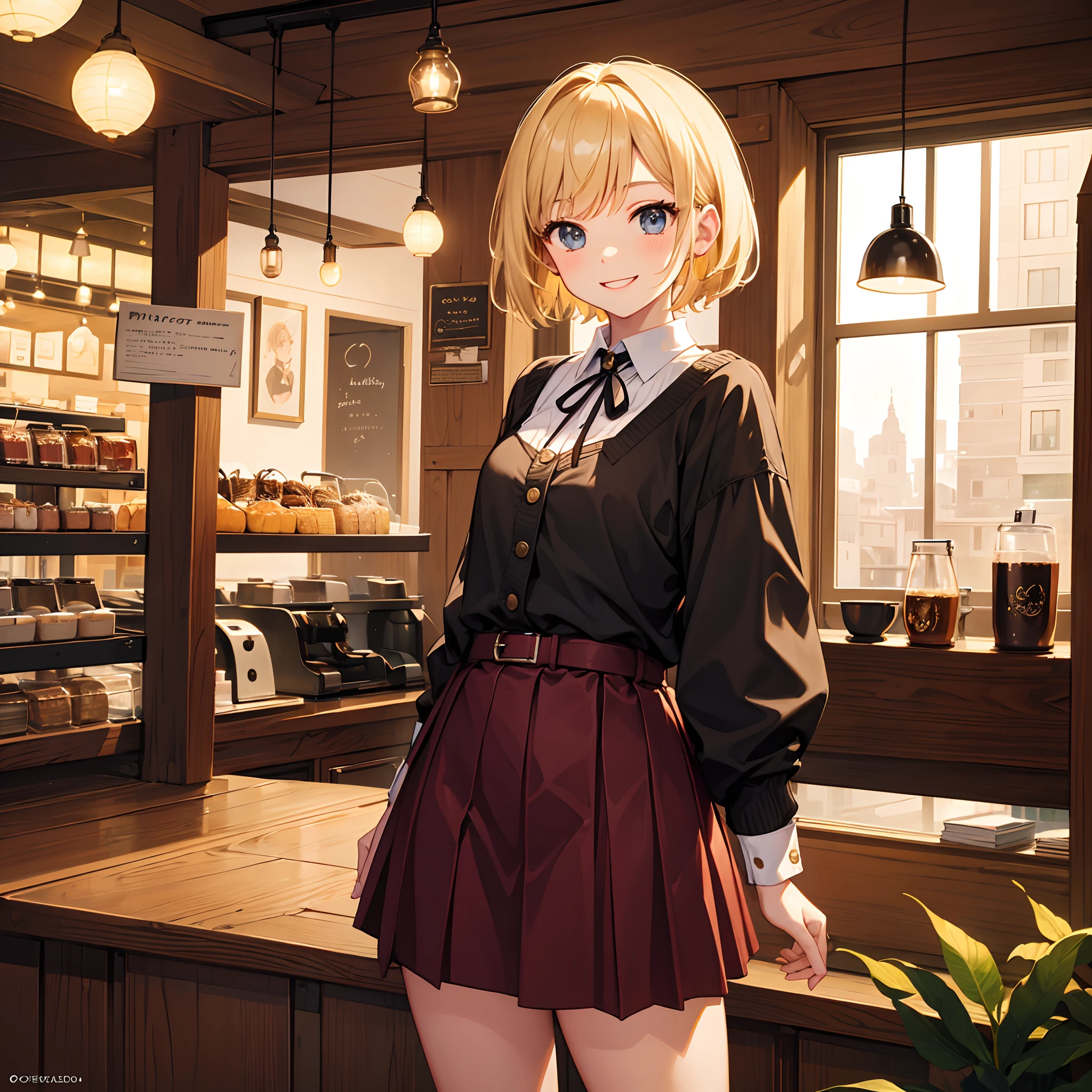 Masterpiece, 1 girl, smiling, european, skirt, (small) chillerism, short blonde hair, coffee shop, autumn