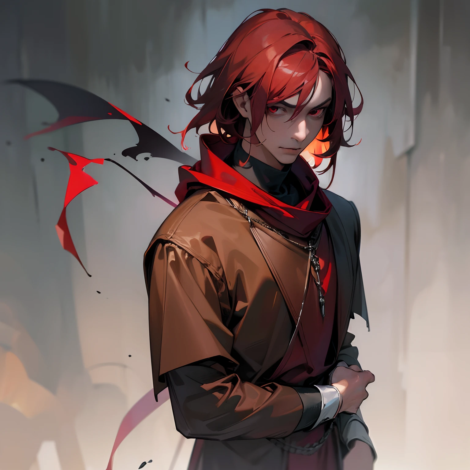 (best quality,4k,realistic:1.37),demon with red eyes,red hair,medium,tan skin,haunting,eerie,intense lighting,Full Body,portrait,male,5'11 height,young,dressed in a Midevil Tunic Outfit