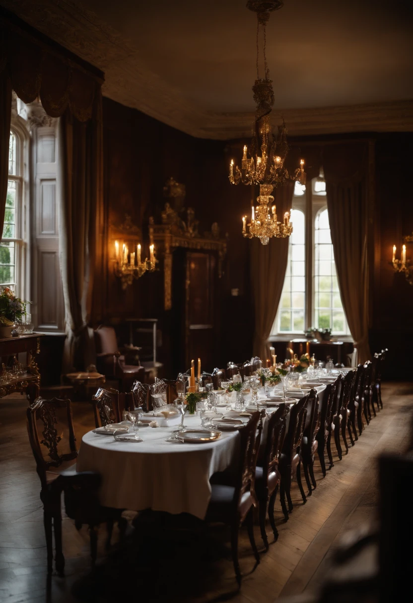 A grand dining hall in an English Manor set for breakfast